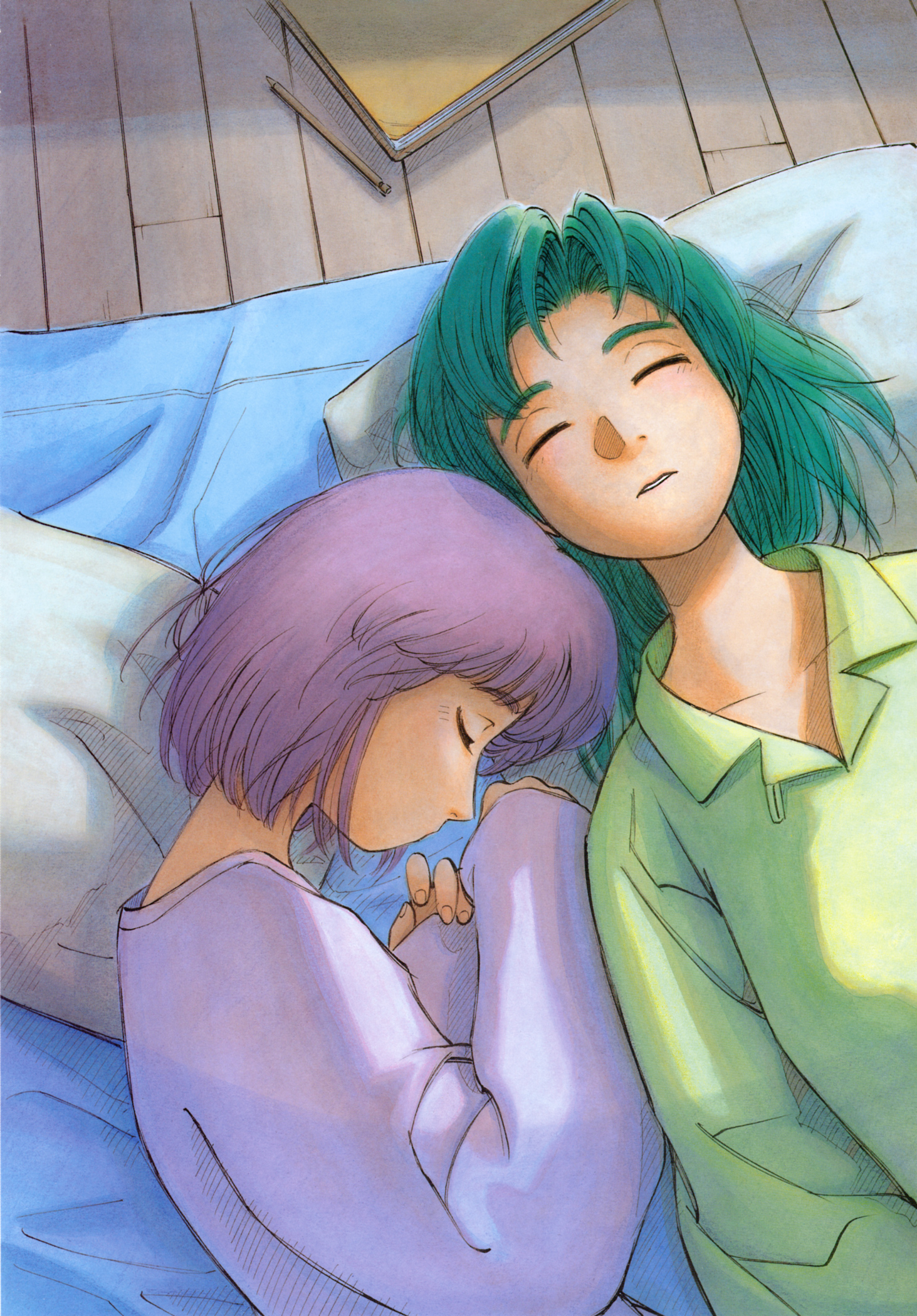ashinano hitoshi, hatsuseno alpha, takatsu kokone, yokohama kaidashi kikou, highres, 2girls, green hair, multiple girls, pajamas, purple hair, sleeping