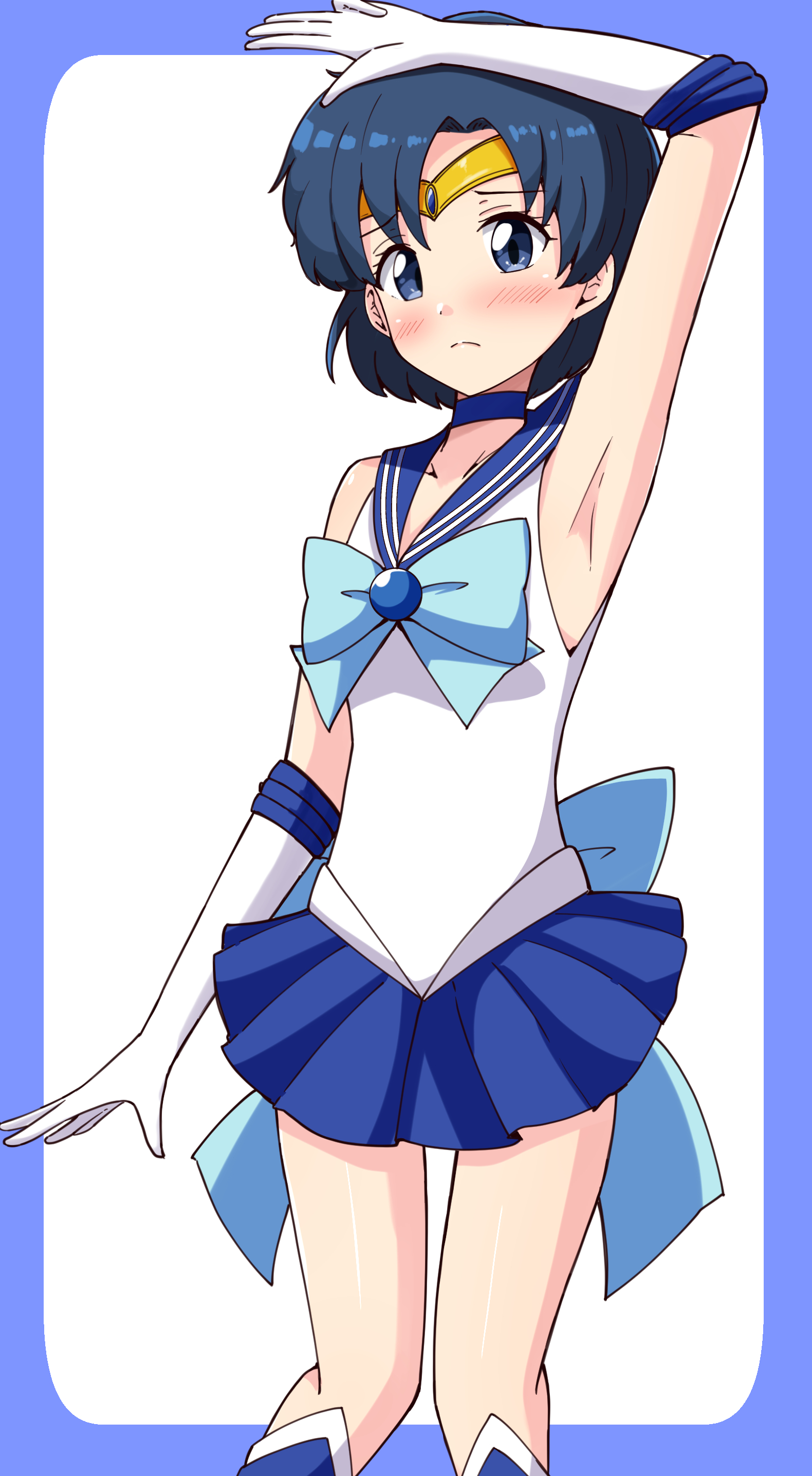 aikawa ryou, mizuno ami, sailor mercury, bishoujo senshi sailor moon, absurdres, commentary request, highres, 1girl, arm up, armpits, blue boots, blue border, blue bow, blue choker, blue eyes, blue hair, blue sailor collar, blue skirt, blush, boots, border, bow, choker, circlet, closed mouth, collarbone, elbow gloves, feet out of frame, gloves, knee boots, looking at viewer, parted bangs, pleated skirt, sailor collar, shirt, skirt, sleeveless, sleeveless shirt, solo, white background, white shirt