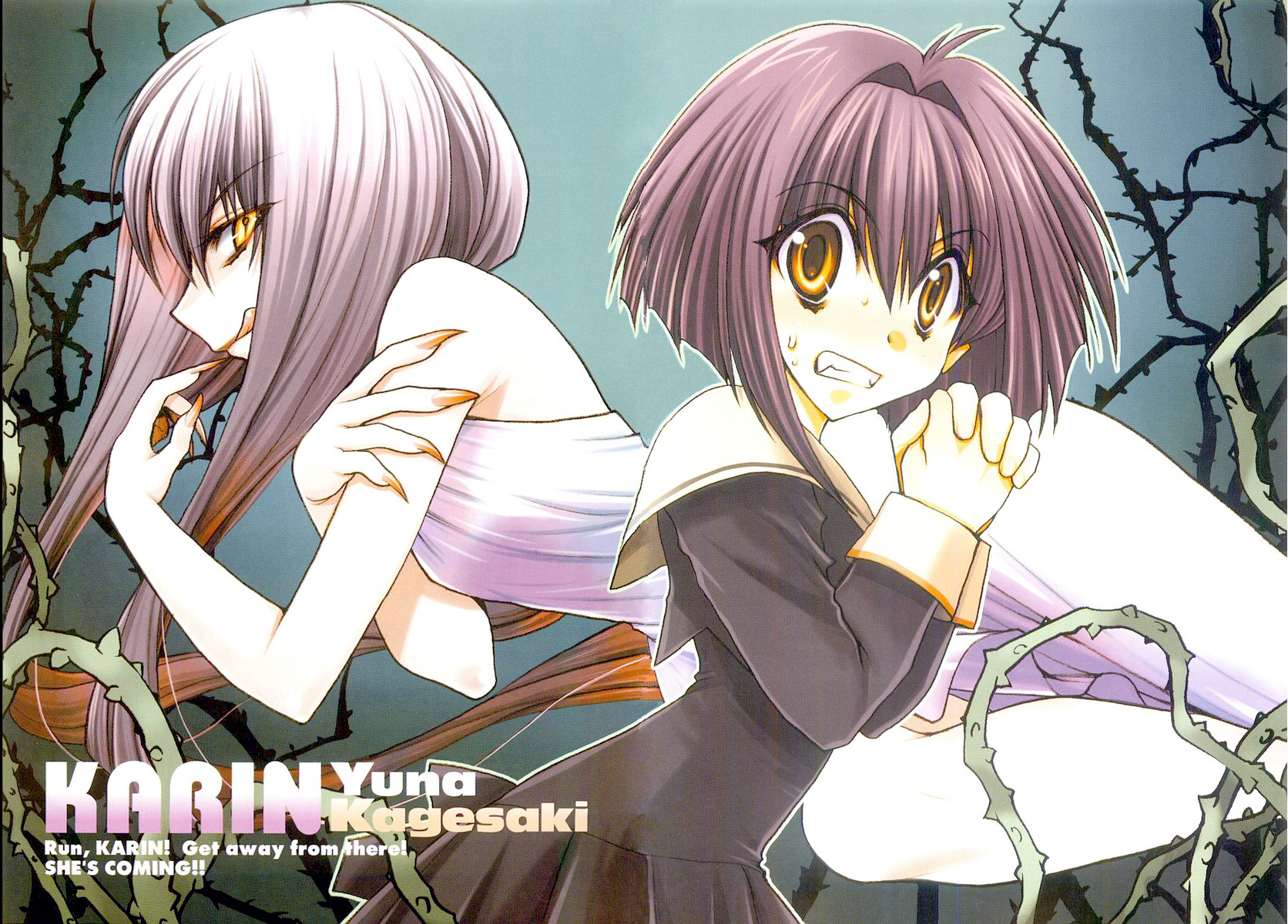 kagesaki yuna, elda marker, maaka karin, karin, highres, scan, 00s, 2girls, english text, fangs, fingernails, licking lips, long hair, multiple girls, purple hair, sharp fingernails, thorns, tongue, tongue out, vampire, very long hair, yellow eyes
