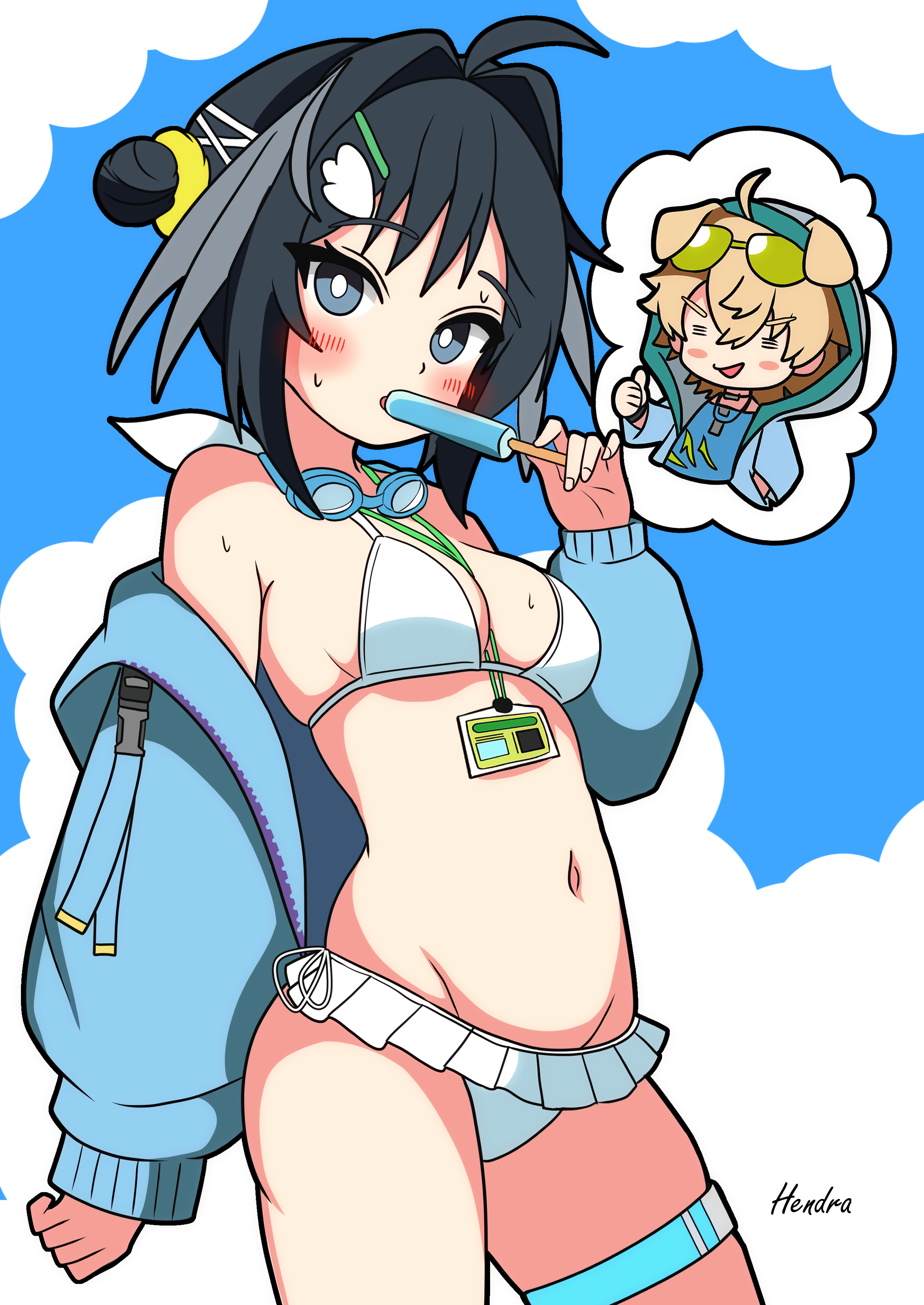 hendra, la pluma (arknights), la pluma (summer flowers) (arknights), tequila (arknights), arknights, absurdres, commentary request, highres, partial commentary, 1girl, = =, ahoge, animal ears, artist name, bikini, black hair, blue eyes, blue jacket, blush, breasts, bright pupils, brother and sister, brown hair, cowboy shot, dog boy, dog ears, eyewear on head, food, goggles, goggles around neck, green-tinted eyewear, holding, holding food, holding popsicle, hood, hood up, jacket, lanyard, looking at viewer, medium breasts, navel, official alternate costume, open clothes, open jacket, open mouth, popsicle, siblings, spoken character, sunglasses, swimsuit, thigh strap, tinted eyewear, white bikini, white pupils