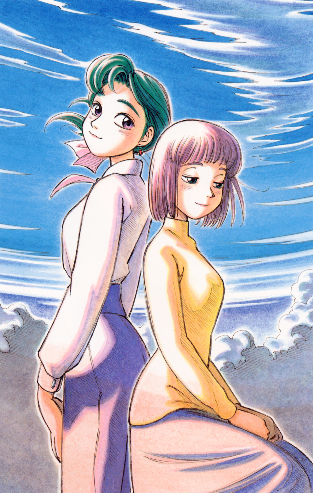 ashinano hitoshi, hatsuseno alpha, takatsu kokone, yokohama kaidashi kikou, highres, 2girls, blush, cloud, day, green eyes, green hair, multiple girls, purple eyes, purple hair, sitting