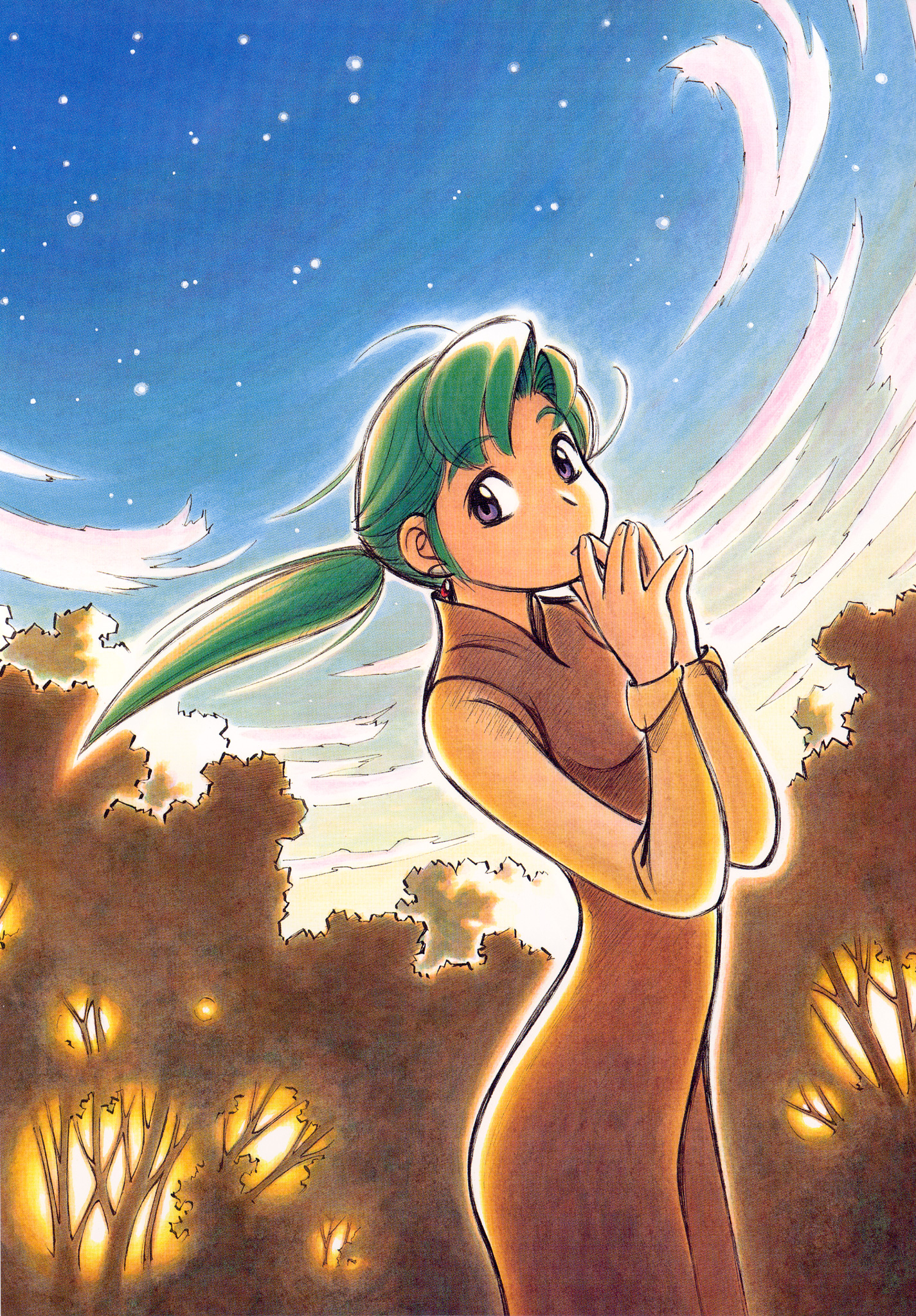 ashinano hitoshi, hatsuseno alpha, yokohama kaidashi kikou, highres, 1girl, ||/, backlighting, cloud, double ||/, female focus, green hair, outdoors, ponytail, purple eyes, sky, solo, star (symbol)