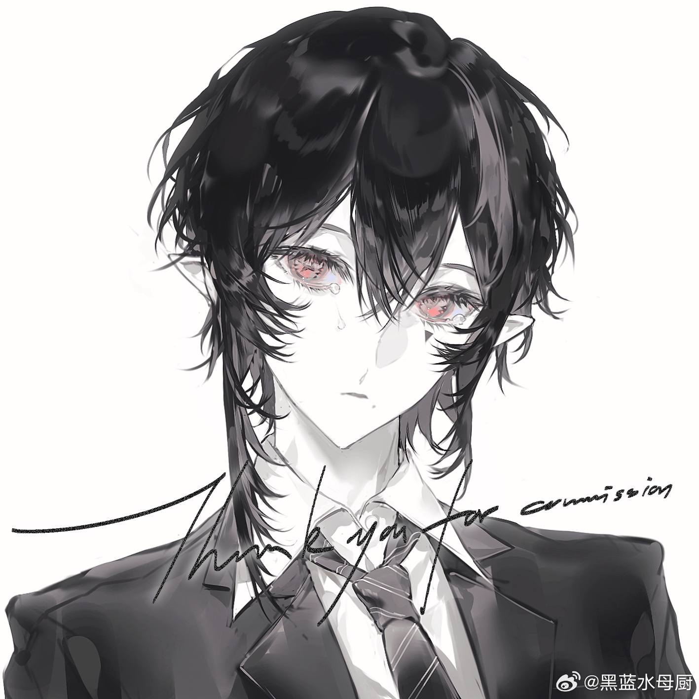 original, highres, 1boy, bishounen, black hair, closed mouth, collared shirt, crying, crying with eyes open, formal clothes, hair between eyes, heilanshuimuchu, jacket, looking at viewer, male focus, mole, mole under eye, pointy ears, red eyes, shirt, short hair, short hair with long locks, simple background, solo, spot color, suit, tears, upper body, white background, white shirt