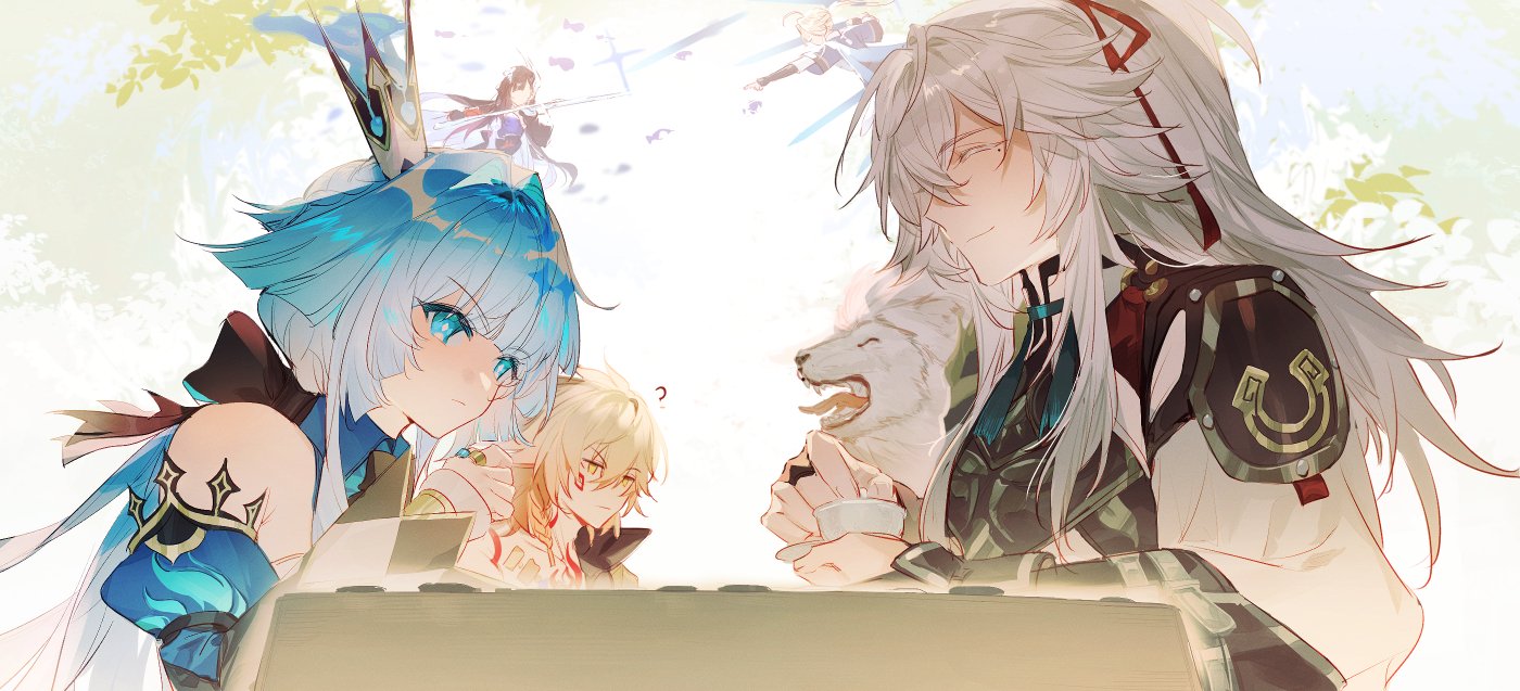 yomi4310, cerydra (honkai: star rail), hysilens (honkai: star rail), jing yuan, mydei (honkai: star rail), yanqing (honkai: star rail), honkai: star rail, honkai (series), 2girls, 3boys, armor, bare shoulders, black hair, blonde hair, blue dress, blue eyes, blue hair, board game, bright pupils, closed eyes, crown, dress, grey hair, lion, long hair, multiple boys, multiple girls, shirt, shoulder armor, white pupils, white shirt