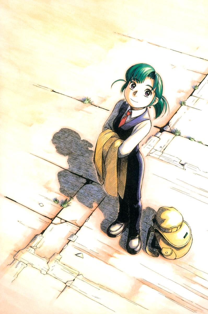 ashinano hitoshi, hatsuseno alpha, yokohama kaidashi kikou, red tie, highres, 1girl, backpack, bag, black shoes, collared shirt, crack, cracked floor, day, female focus, formal clothes, from above, full body, green hair, holding, holding jacket, holding unworn clothes, jacket, necktie, outdoors, pant suit, pants, ponytail, purple eyes, red necktie, shadow, shirt, shoes, smile, solo, standing, suit, unworn backpack, unworn bag, unworn jacket, vest, white shirt