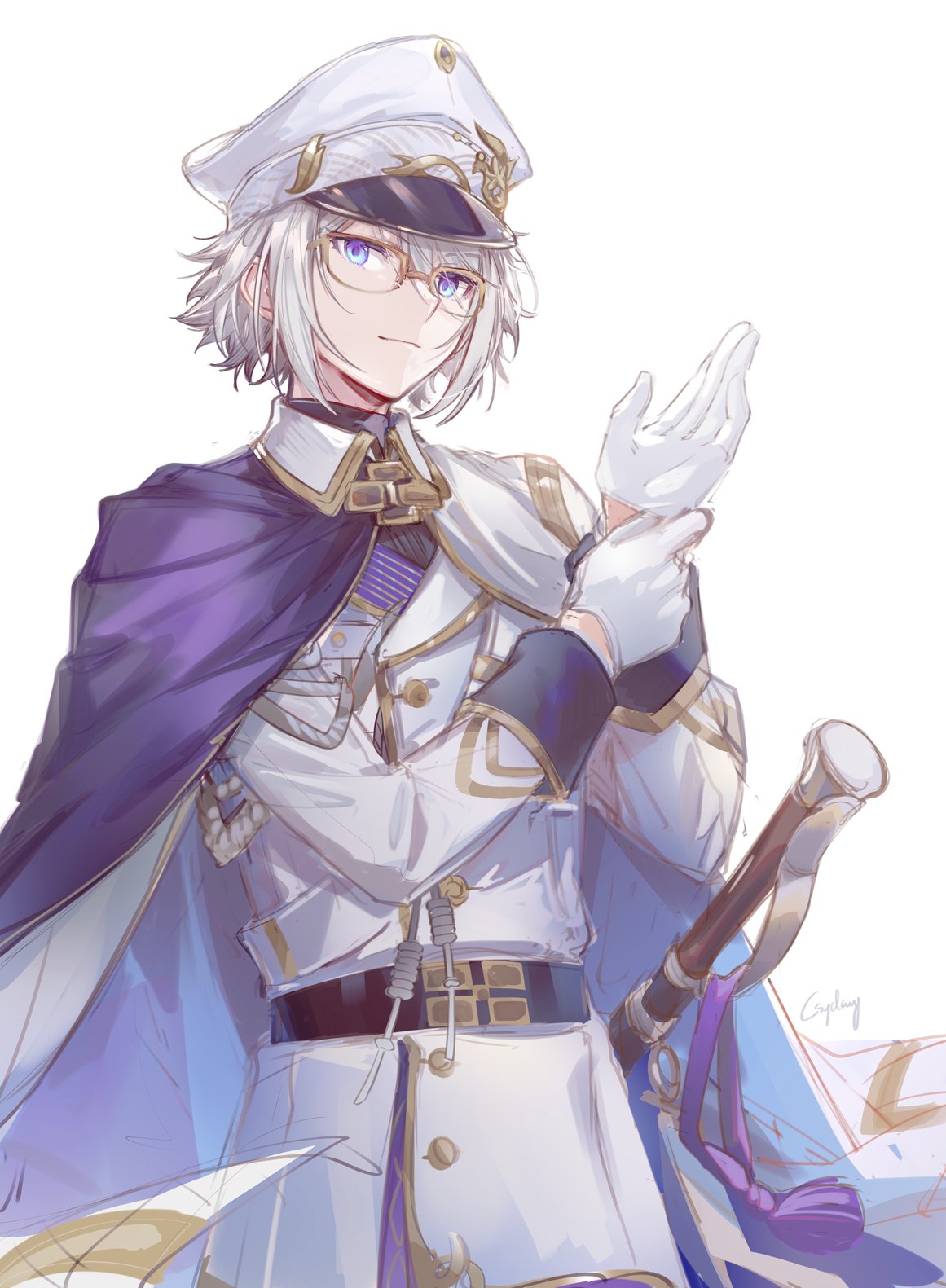 csyday, prince of lan ling (fate), fate/grand order, fate (series), highres, 1boy, adjusting clothes, adjusting gloves, aiguillette, belt, bishounen, black belt, blue eyes, cape, formal clothes, glasses, gloves, half gloves, hat, jacket, military uniform, multicolored cape, pants, peaked cap, prince of lan ling (celebratory attire) (fate), sheath, sheathed, simple background, solo, sword, weapon, white background, white gloves, white hair, white hat, white jacket, white pants, wing collar