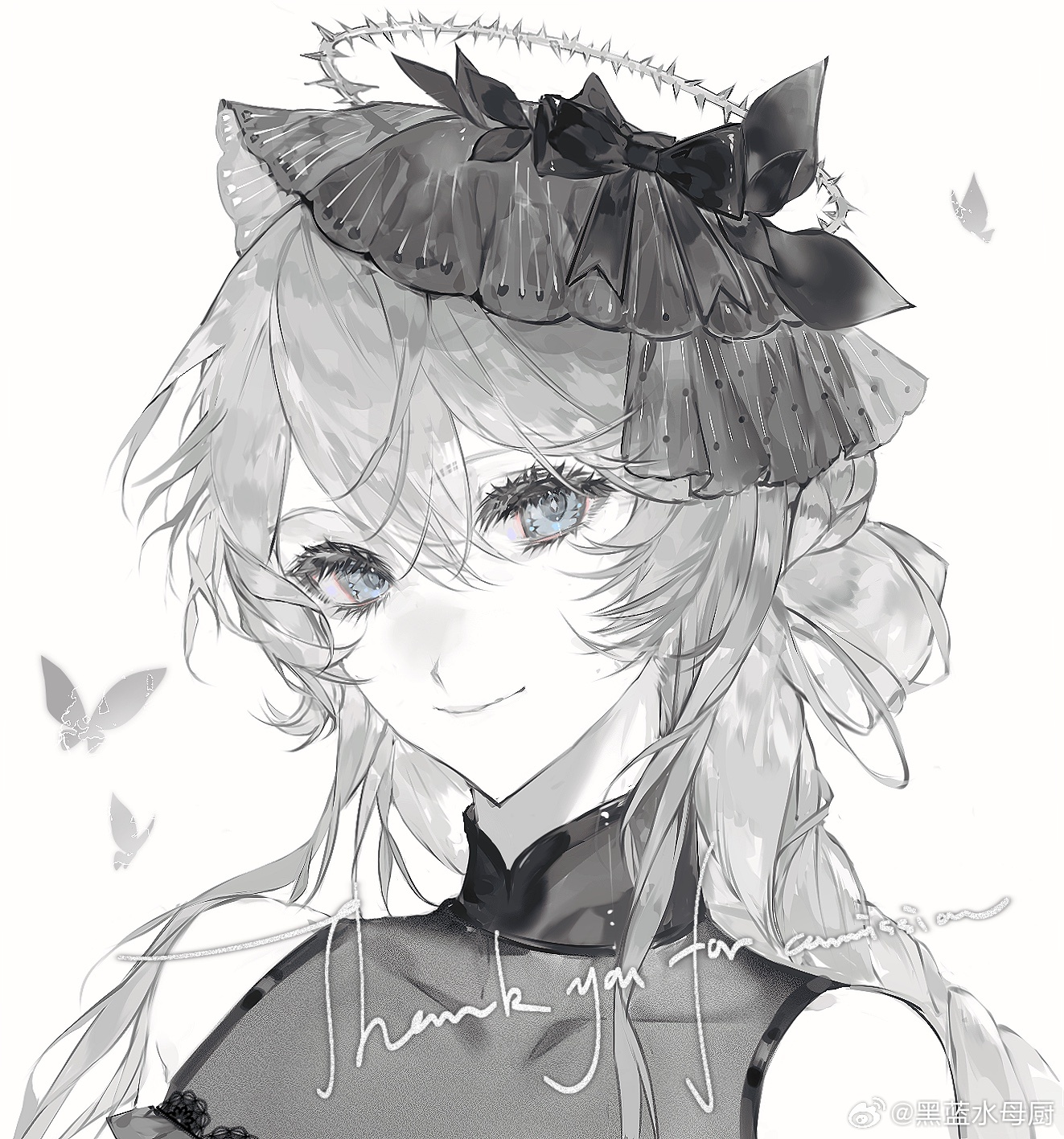 original, highres, 1girl, blue eyes, bow, bug, butterfly, butterfly hair ornament, china dress, chinese clothes, closed mouth, dress, english text, hair between eyes, hair bow, hair bun, hair ornament, halo, hat, heilanshuimuchu, insect, long hair, looking at viewer, monochrome, simple background, spot color, twitter username, upper body, veil, white background, white hair