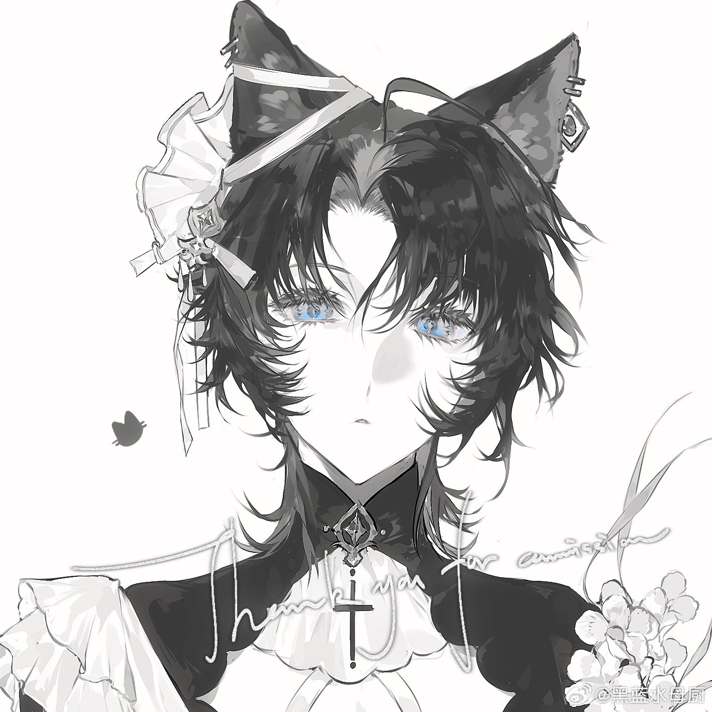 original, highres, 1boy, ahoge, animal ears, black hair, blue eyes, cat ears, closed mouth, ear piercing, english text, flower, frills, hair ornament, hair ribbon, heilanshuimuchu, jewelry, looking at viewer, male focus, parted bangs, parted lips, piercing, portrait, ribbon, short hair, simple background, spot color, upper body, white background