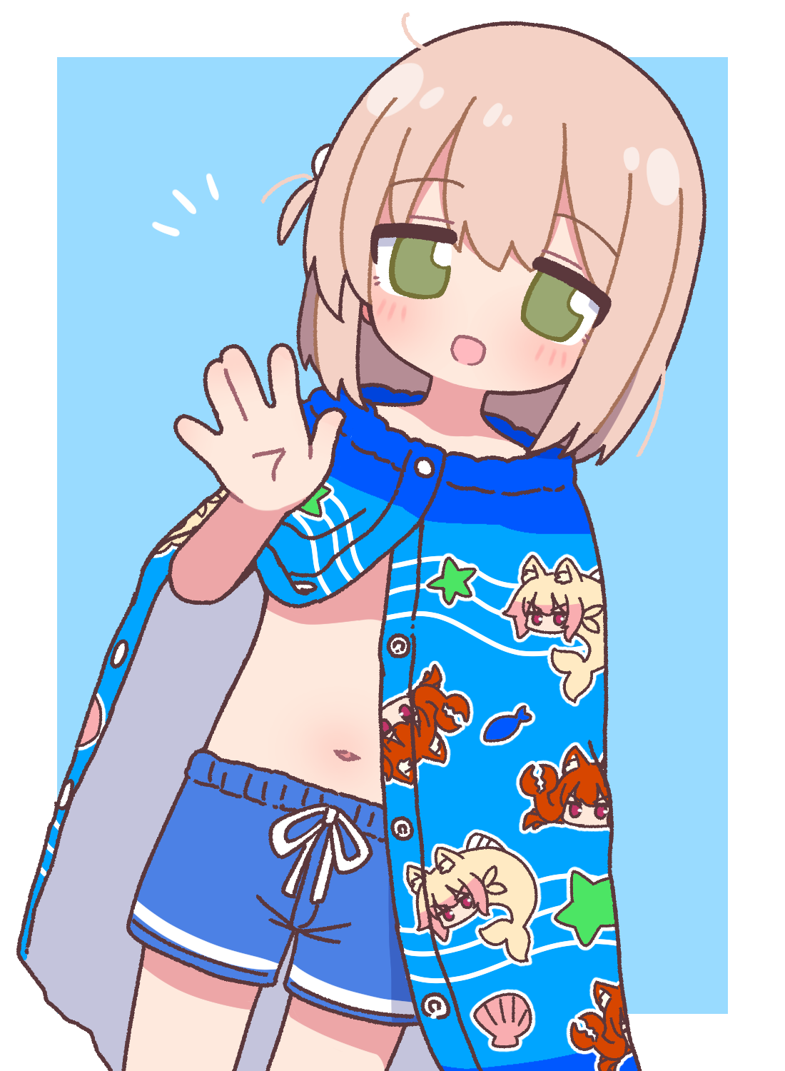 naga u, kemomimi-chan (naga u), original, commentary, commentary request, highres, 1boy, :d, ||/, animal print, blue background, blue male swimwear, blue shorts, blush, border, brown hair, character print, cowboy shot, drawstring, fish print, green eyes, hand up, looking at viewer, male focus, male swimwear, medium hair, navel, notice lines, open mouth, outside border, shorts, simple background, smile, solo, suama-kun (naga u), swim trunks, trap, white border, wrap towel