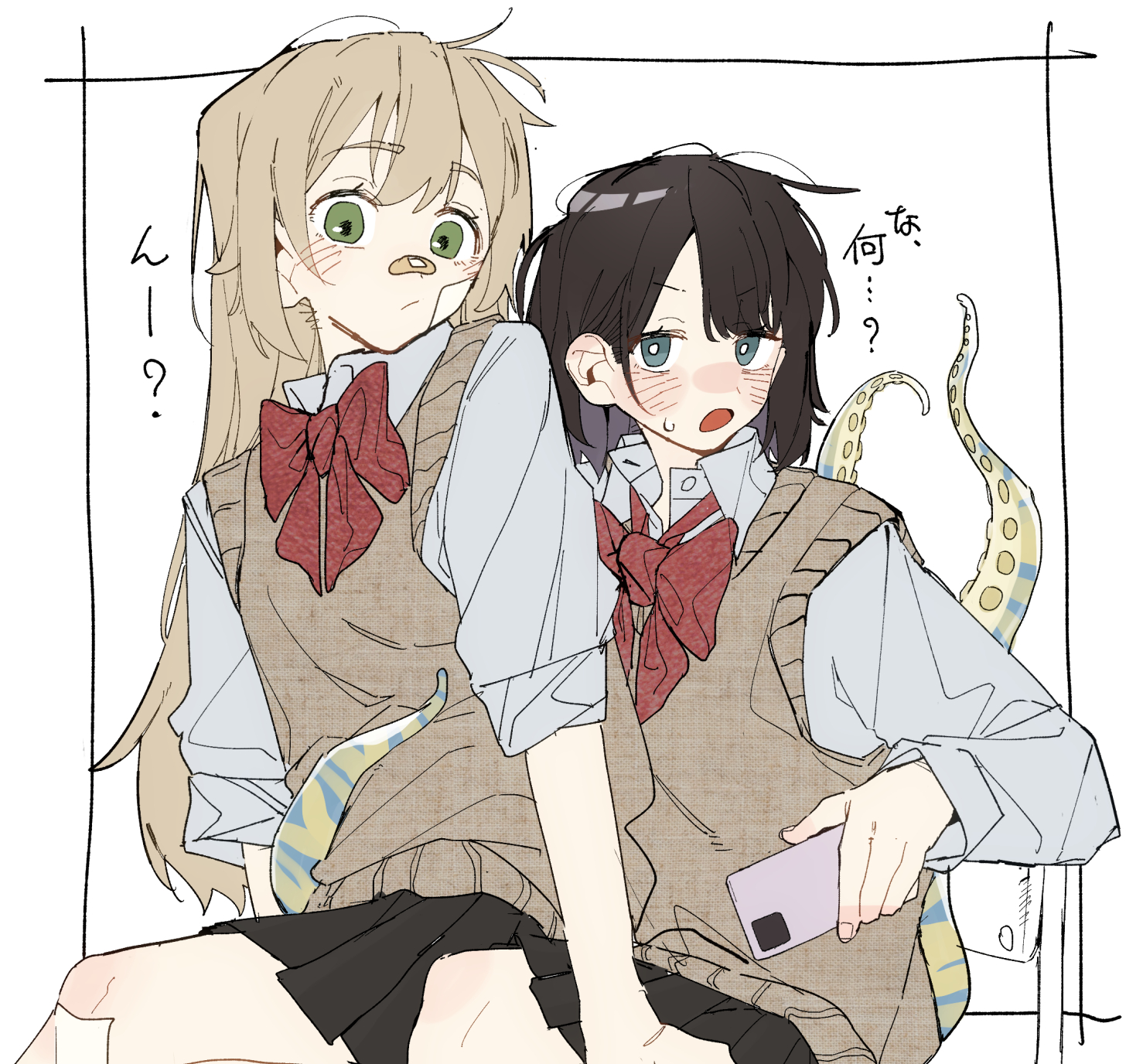 fill (fill lemonn), original, 2girls, bandaid, bandaid on face, bandaid on nose, black hair, green eyes, multiple girls, school uniform, sitting, sitting on lap, sitting on person, tentacles
