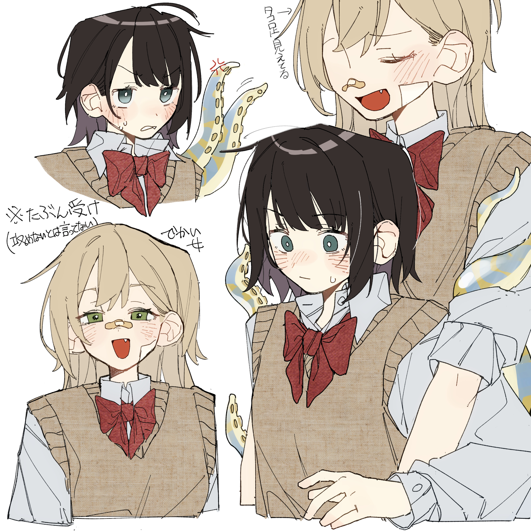 fill (fill lemonn), original, 2girls, bandaid, bandaid on face, bandaid on nose, black hair, fang, green eyes, height difference, multiple girls, school uniform, tentacles