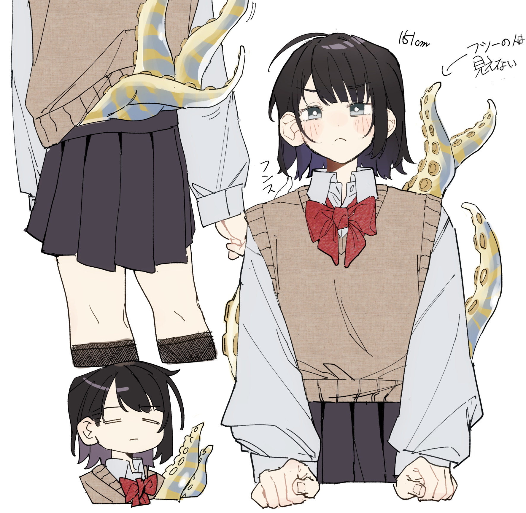 fill (fill lemonn), original, 1girl, black hair, black skirt, bow, bowtie, multiple views, school uniform, short hair, skirt, tentacles