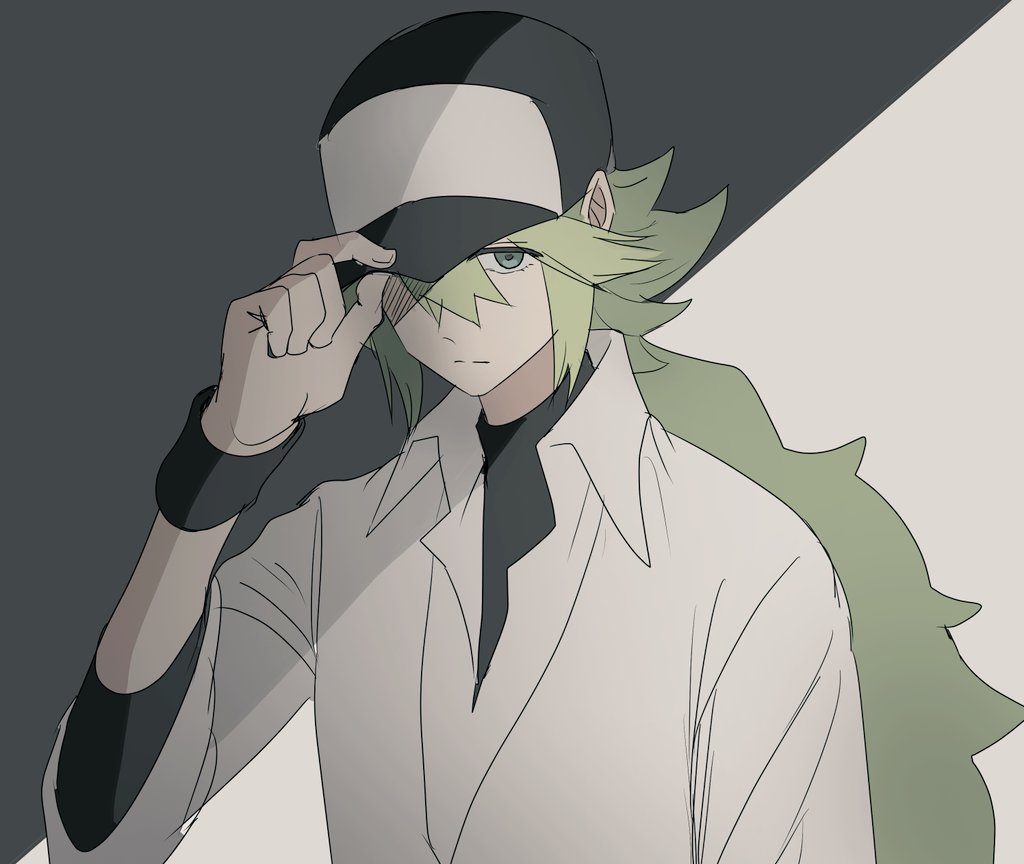 asamaru1225, n (pokemon), nintendo, pokemon, pokemon bw, 1boy, baseball cap, black undershirt, blue eyes, closed mouth, collared shirt, green eyes, green hair, hat, holding, long hair, looking at viewer, male focus, shirt, undershirt, upper body, white shirt, wristband