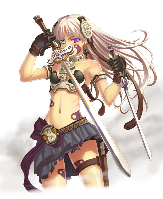 terumii, original, heterochromia, navel, skirt, solo, sword, weapon, white hair