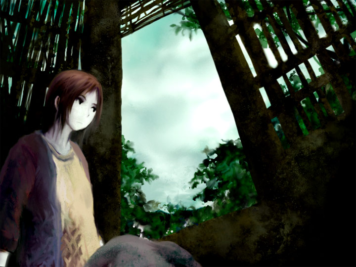 yoshidaworks, original, 1girl, against wall, brown eyes, brown hair, building, collarbone, expressionless, female focus, indoors, jacket, long sleeves, open clothes, open jacket, pale skin, plant, red jacket, ruins, shirt, short hair, solo, t-shirt, tree