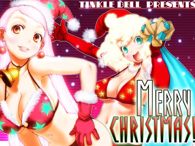tinkle bell, 2girls, aqua eyes, artist name, bell, bikini, blonde hair, blush, breasts, choker, christmas, cleavage, cowbell, earrings, gloves, green eyes, hand on own hip, hat, hip focus, huge breasts, jewelry, large breasts, leaning forward, long hair, multiple girls, orange eyes, pink hair, red eyes, red gloves, sack, santa bikini, santa costume, santa hat, smile, snow, star (symbol), swimsuit, underboob, very long hair