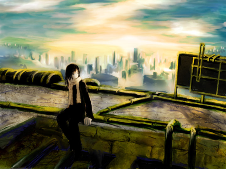 yoshidaworks, original, tagme, black hair, city, scarf, scenery, sitting, solo