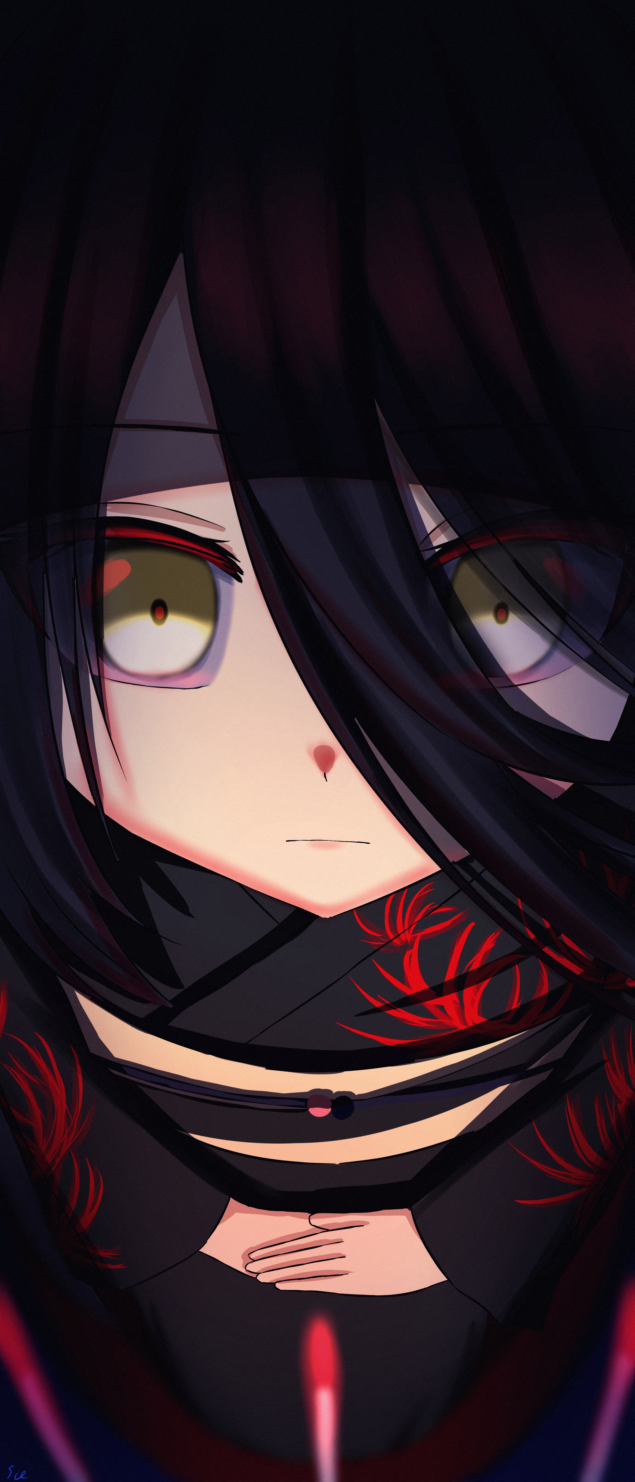 manhattan cafe (umamusume), umamusume, absurdres, highres, 1girl, black kimono, closed mouth, expressionless, floral print, flower, hair between eyes, japanese clothes, kimono, long hair between eyes, long sleeves, obi, official alternate costume, own hands together, red flower, sash, solo, sonotedesu, spider lily, yellow eyes, yellow sash
