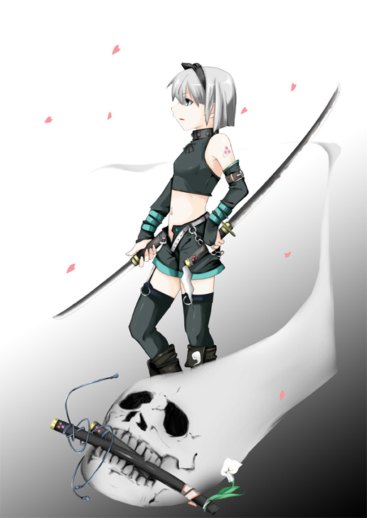 tsukiyo rei, konpaku youmu, konpaku youmu (ghost), touhou, silver hair, 1girl, bare shoulders, boots, bridal gauntlets, contrapposto, female focus, ghost, gloves, gradient background, hitodama, katana, midriff, navel, parted lips, petals, profile, sheath, short hair, skull, solo, standing, sword, thighhighs, weapon