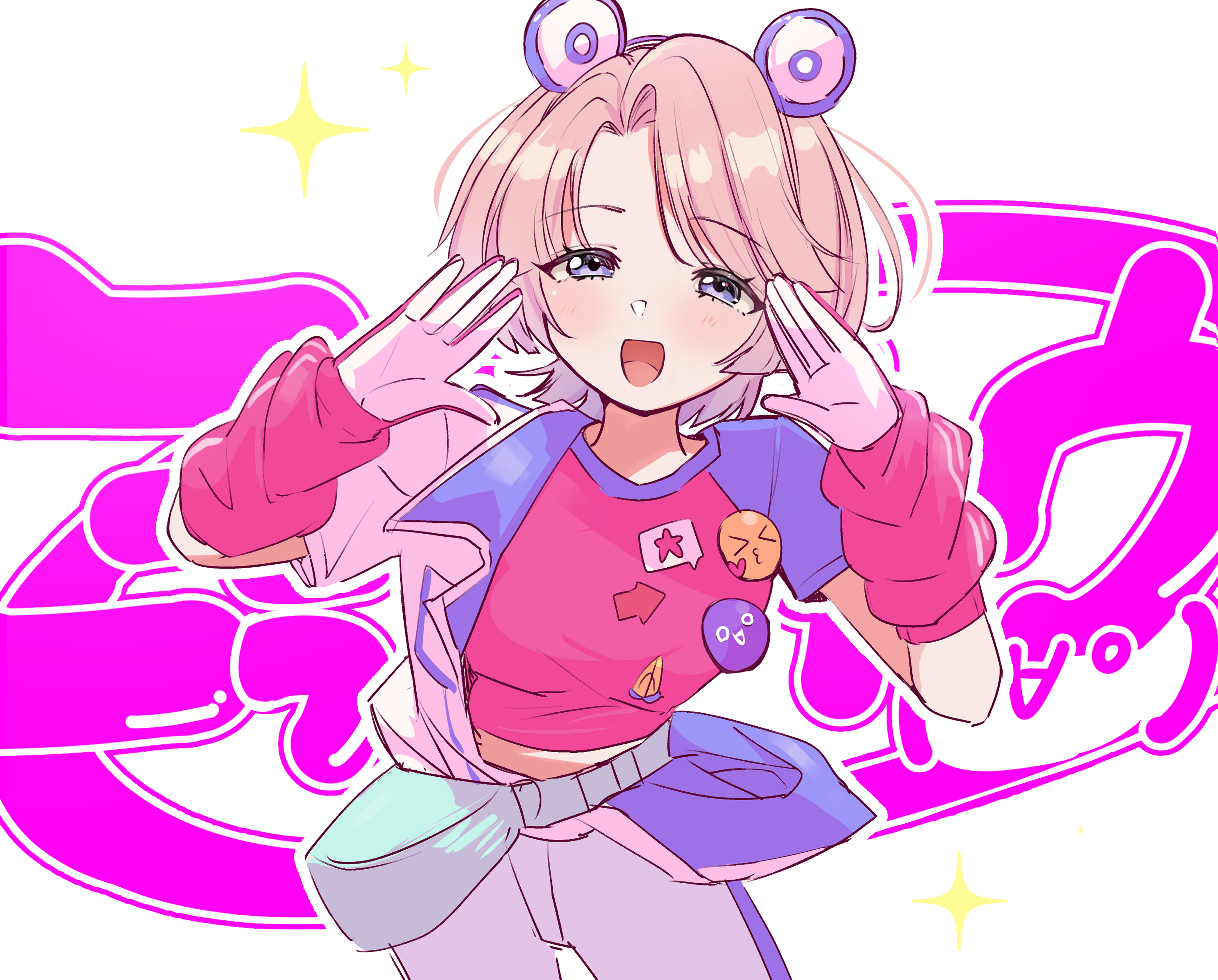 ao (flowerclasse), arimura mao, gakuen idolmaster, idolmaster, absurdres, commentary request, highres, 1girl, :d, blue eyes, blue pants, brown hair, gloves, hands up, jacket, looking at viewer, open mouth, pants, parted bangs, pink shirt, raglan sleeves, shirt, short sleeves, smile, solo, sparkle, white background, white gloves, white jacket