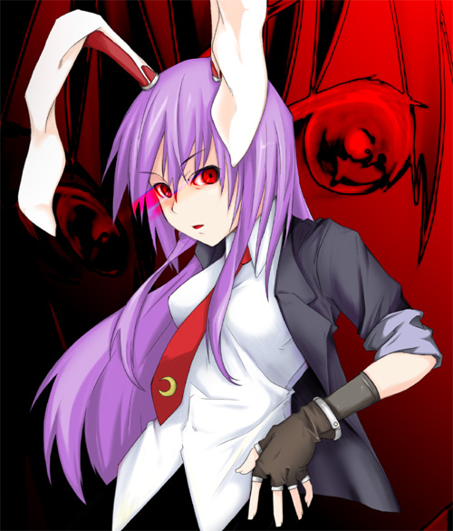 tsukiyo rei, reisen udongein inaba, touhou, 1girl, animal ears, blazer, female focus, fingerless gloves, gloves, jacket, moon, necktie, rabbit ears, red eyes, red necktie, solo