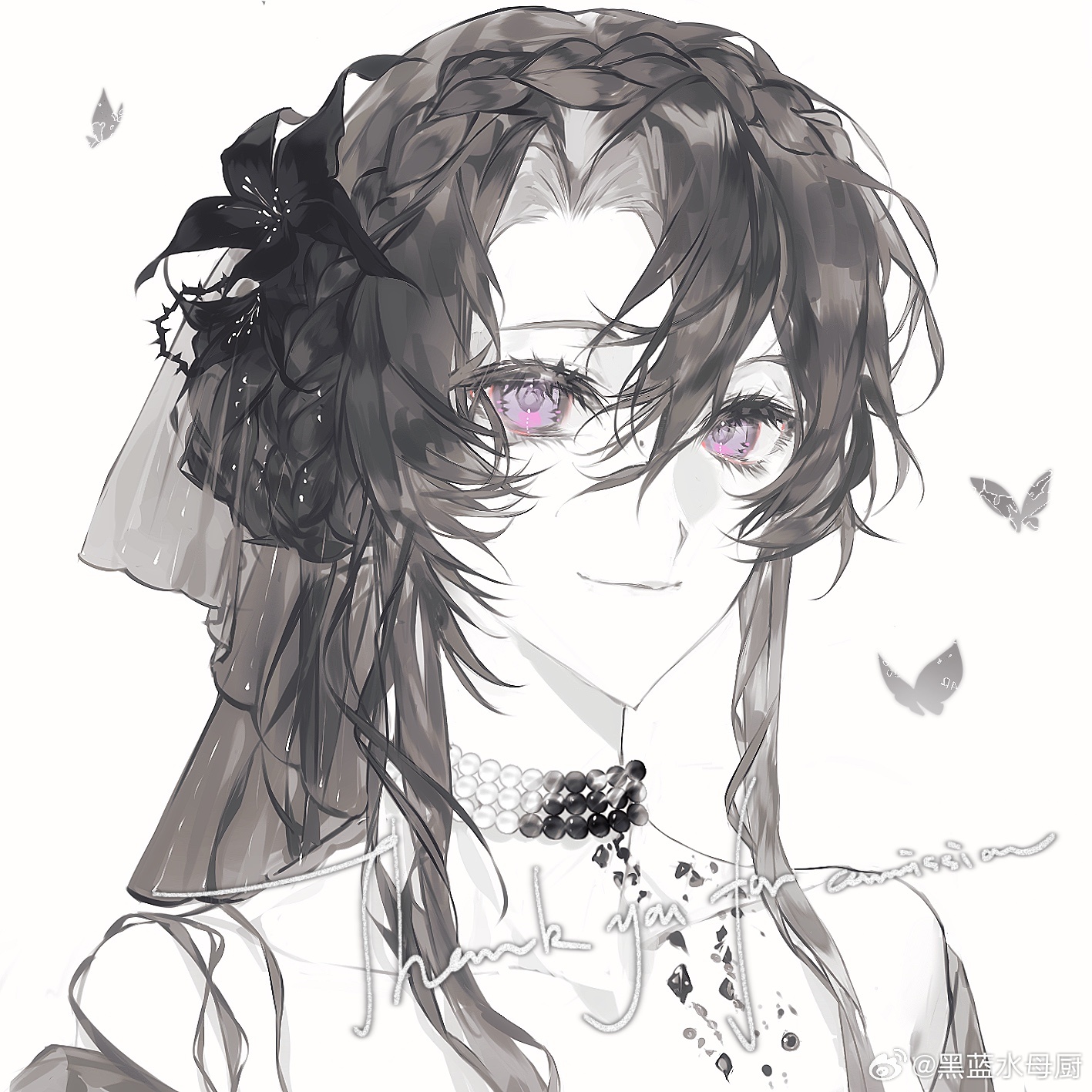 original, highres, 1girl, bare shoulders, black flower, black hair, braid, bug, butterfly, choker, closed mouth, collarbone, dress, flower, hair between eyes, hair flower, hair ornament, heilanshuimuchu, insect, jewelry, long hair, looking at viewer, necklace, parted bangs, pearl necklace, pink eyes, portrait, simple background, smile, upper body, veil, white background