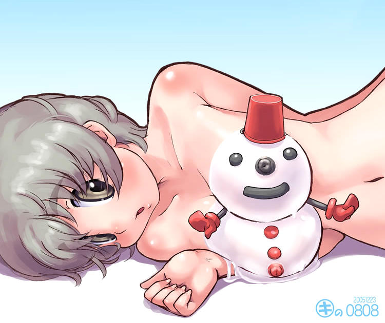 kei jiei, 1girl, breasts, female focus, large breasts, mittens, nipples, part swap, red mittens, snowman, solo