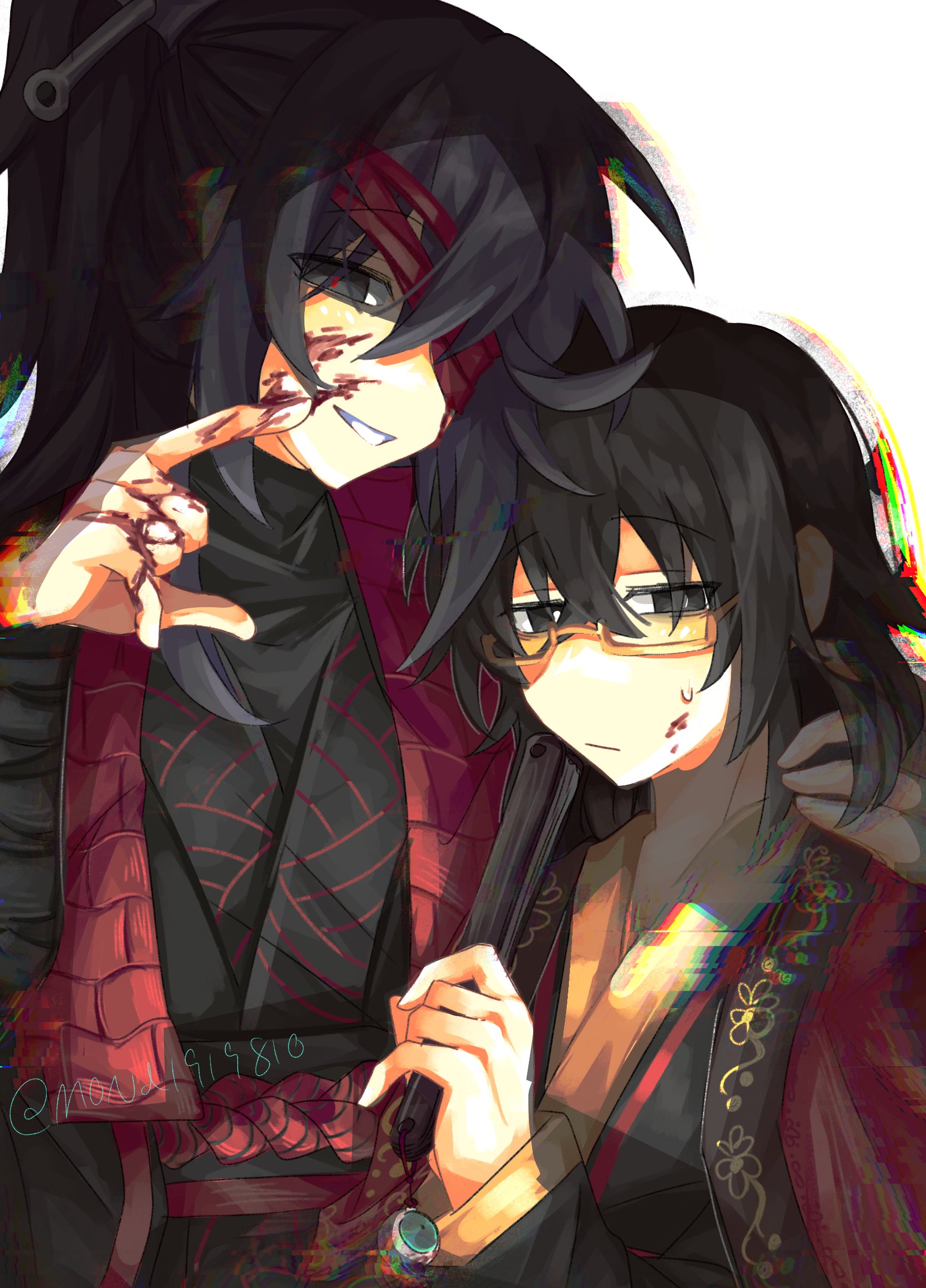 hong lu (project moon), yi sang (project moon), limbus company, project moon, absurdres, highres, 2boys, bandage over one eye, black eyes, black hair, black hanfu, blood, blood on face, blood on hands, chinese clothes, coat, family hierarch candidate (identity) (project moon), glasses, hand fan, hanfu, high ponytail, long hair, looking at viewer, male focus, mond1919810, multiple boys, ponytail, red coat, red pupils, rope belt, simple background, upper body, white background