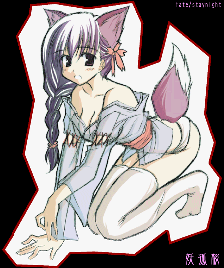 matou sakura, fate/stay night, fate (series), 00s, 1girl, animal ears, bare shoulders, breasts, cleavage, female focus, fox ears, medium breasts, purple hair, solo, tail, thighhighs, white thighhighs