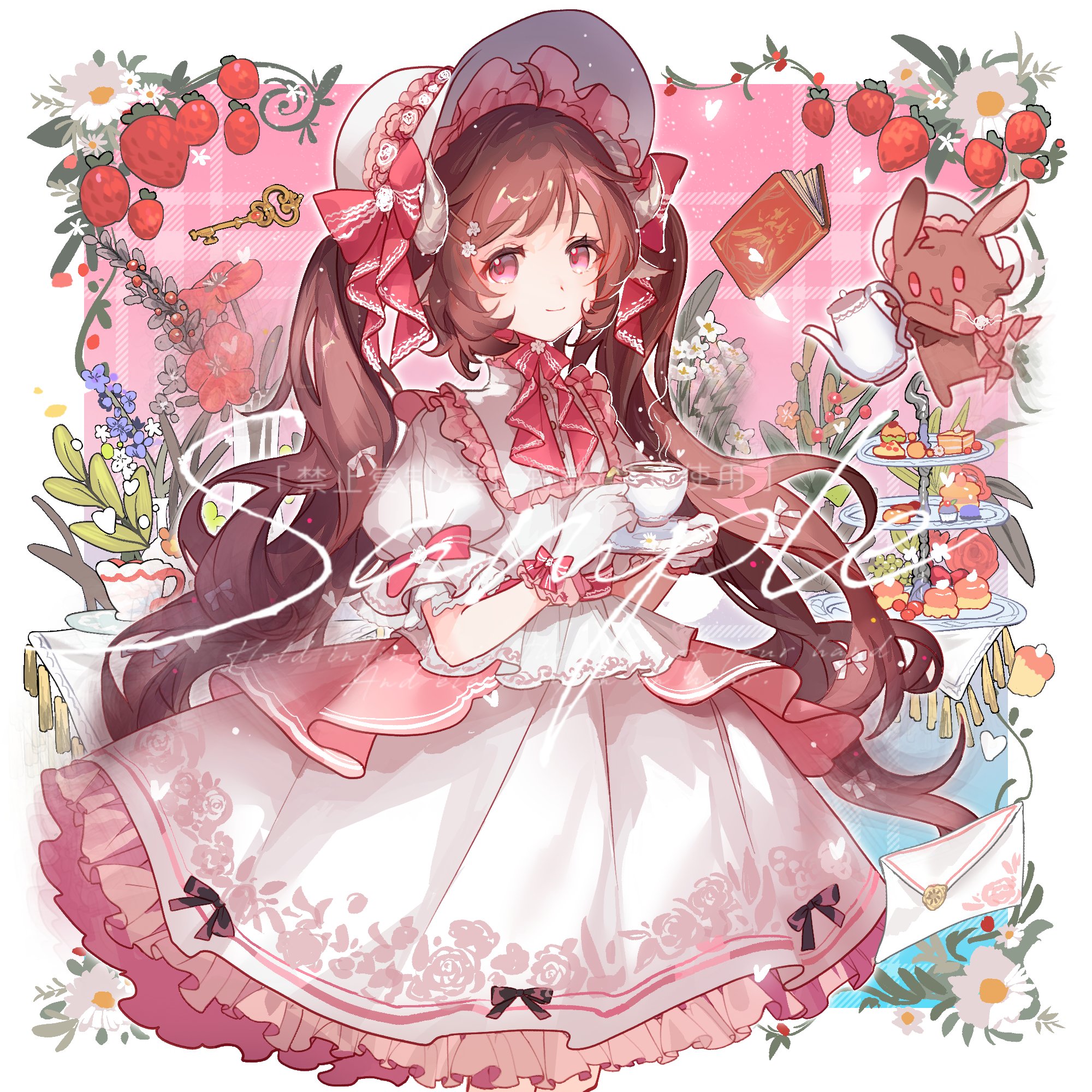 olivier42118278, eyjafjalla (arknights), arknights, highres, 1girl, animal ears, bonnet, brown hair, cup, dress, food, frilled bonnet, frilled dress, frills, fruit, gloves, holding, holding cup, light smile, long hair, looking at viewer, pink eyes, pink frills, puffy short sleeves, puffy sleeves, rabbit, sample watermark, sheep ears, sheep girl, short sleeves, solo, strawberry, teacup, tiered tray, twintails, watermark, white bonnet, white dress, white gloves