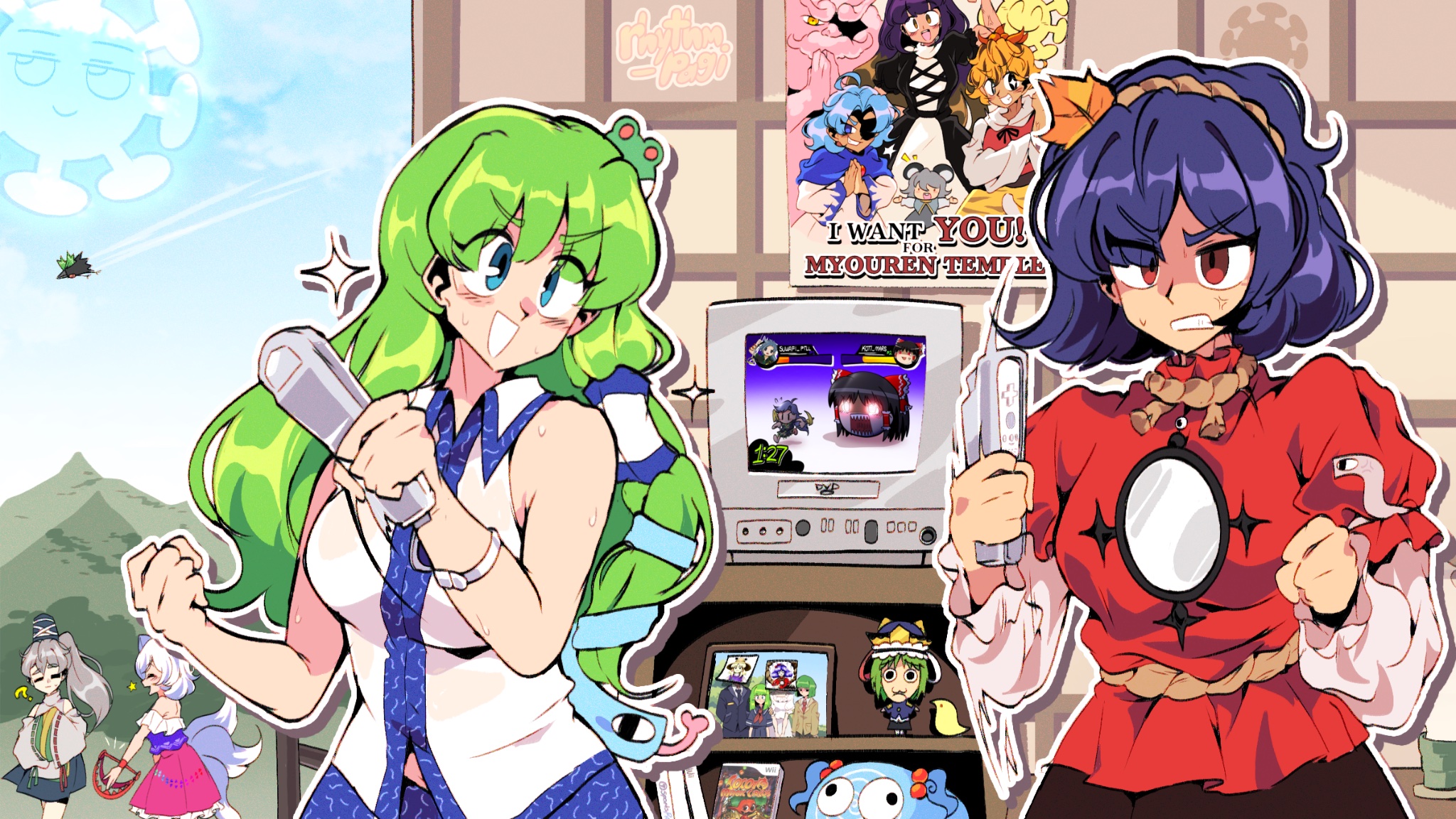 rhythm pagi, zun (artist), hakurei reimu, hijiri byakuren, himemushi momoyo, kawashiro nitori, kochiya sanae, kumoi ichirin, mitsugashira enoko, mononobe no futo, nazrin, reiuji utsuho, reiuji utsuho (bird), shiki eiki, toramaru shou, unzan, yasaka kanako, touhou, highres, 6+girls, :d, angry, animal ears, architecture, bare shoulders, bear trap, bird, black skirt, blonde hair, blue eyes, blue hair, blue skirt, blush, bow, breasts, collared shirt, controller, cross-laced clothes, cross-laced dress, dog ears, double-parted bangs, dress, east asian architecture, eyepatch, family portrait, frog hair ornament, game console, game controller, green hair, grey dress, grey hair, hair ornament, hair tubes, hat, health bar, high ponytail, large breasts, layered dress, leaf hair ornament, long hair, long sleeves, medium hair, mirror, mouse ears, multiple girls, multiple tails, open mouth, own hands together, parted bangs, patterned clothing, photo (object), picture frame, pink skirt, playing games, ponytail, poster (object), print skirt, purple hair, red bow, red shirt, sharp teeth, shirt, single hair tube, single sidelock, skirt, skirt set, sky, sleeveless, sleeveless shirt, smile, snake hair ornament, sparkle, sweat, tail, tate eboshi, teeth, television, v-shaped eyebrows, white hair, white sleeves, wii, wii remote, wing collar, yellow eyes, yellow skirt, yukkuri shiteitte ne