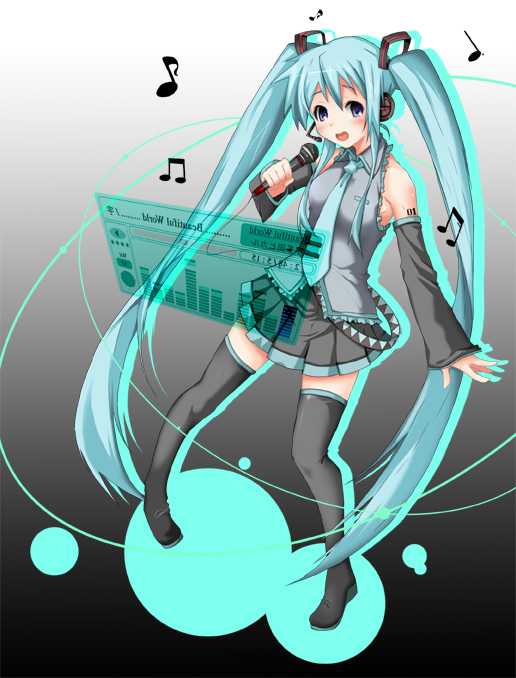 tsukiyo rei, hatsune miku, vocaloid, 1girl, aqua hair, female focus, long hair, solo, thighhighs, twintails, very long hair