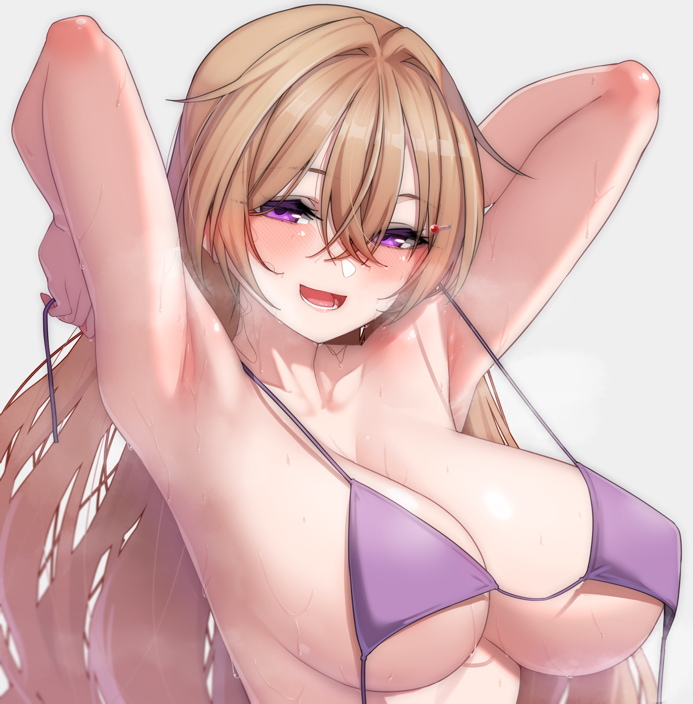 nasuno (nasuno42), konoe kanata, love live!, love live! nijigasaki high school idol club, commentary request, highres, 1girl, armpits, arms up, bikini, blush, breasts, brown hair, crossed bangs, hair between eyes, hair intakes, large breasts, long hair, looking at viewer, open mouth, purple bikini, purple eyes, simple background, smile, solo, steaming body, sweat, swimsuit, teeth, tongue, untied bikini top, white background