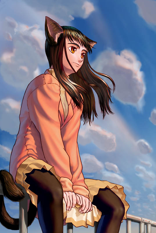 sabaniku, original, 1girl, animal ears, black pantyhose, brown hair, cat ears, cat tail, cloud, day, female focus, long hair, pantyhose, sky, solo, tail
