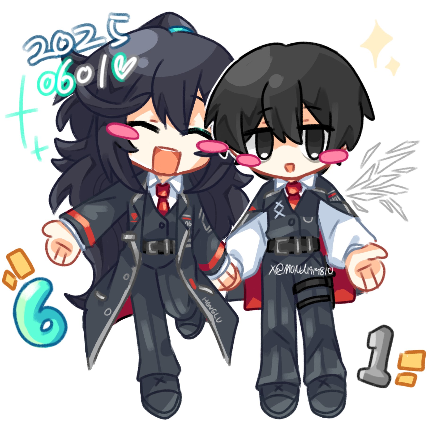 hong lu (project moon), yi sang (project moon), limbus company, project moon, highres, 2boys, :d, black coat, black eyes, black hair, black shoes, black vest, blush stickers, chibi, closed eyes, coat, coat on shoulders, collared shirt, dated, full body, long hair, long sleeves, looking at viewer, male focus, mond1919810, multiple boys, necktie, open mouth, ponytail, red necktie, shirt, shoes, short hair, simple background, smile, standing, vest, white background, white shirt