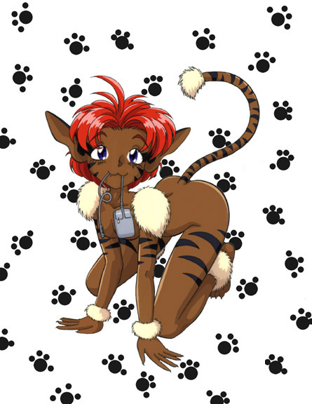 merle (tenkuu no escaflowne), tenkuu no escaflowne, 1990s (style), animal ears, blue eyes, cat ears, cat tail, dark skin, nude, pink hair, short hair, tail
