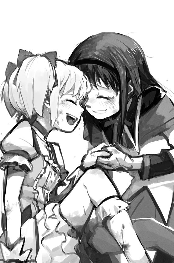 silverxp, akemi homura, akemi homura (magical girl), kaname madoka, kaname madoka (magical girl), mahou shoujo madoka magica, 2girls, black hair, bow, choker, closed eyes, cropped arm, cropped legs, cuts, feet out of frame, forehead-to-forehead, from side, gloves, greyscale, hair bow, hair ribbon, heads together, holding hands, injury, long hair, magical girl, monochrome, multiple girls, on ground, open mouth, puffy short sleeves, puffy sleeves, ribbon, scrape, short sleeves, short twintails, skirt, smile, torn clothes, twintails, white gloves, yuri