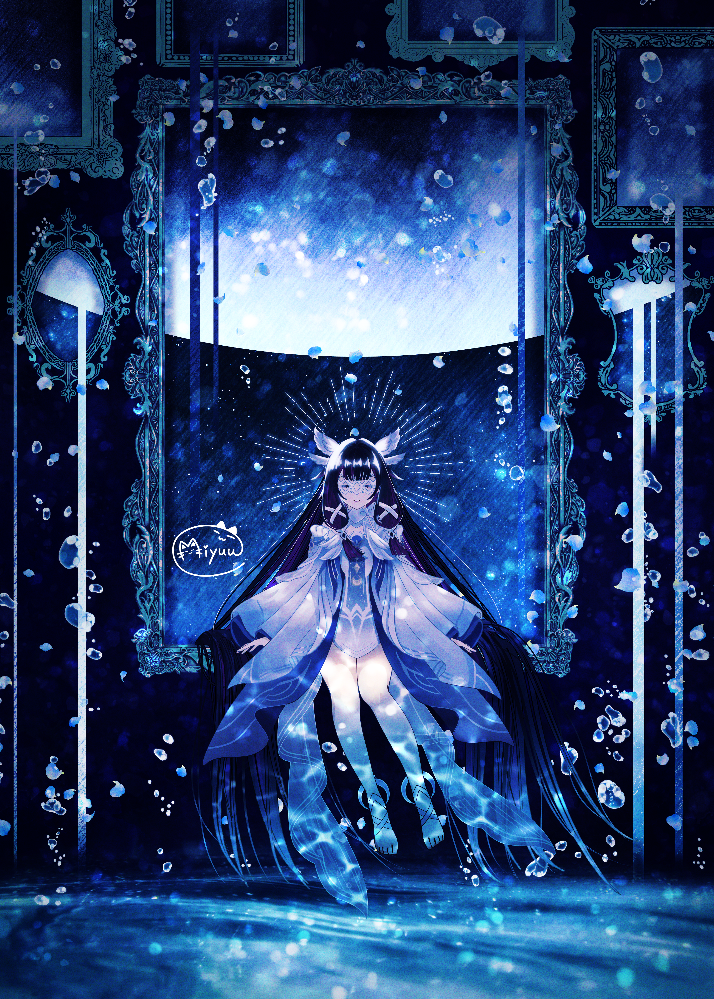 tukineko222, columbina (genshin impact), genshin impact, absurdres, highres, 1girl, black hair, blunt bangs, closed eyes, dress, feathered wings, head wings, long hair, long sleeves, mirror, multiple wings, open mouth, picture frame, pink hair, ribbon, sidelocks, solo, underwater, very long hair, white dress, white mask, white ribbon, wide sleeves, wings