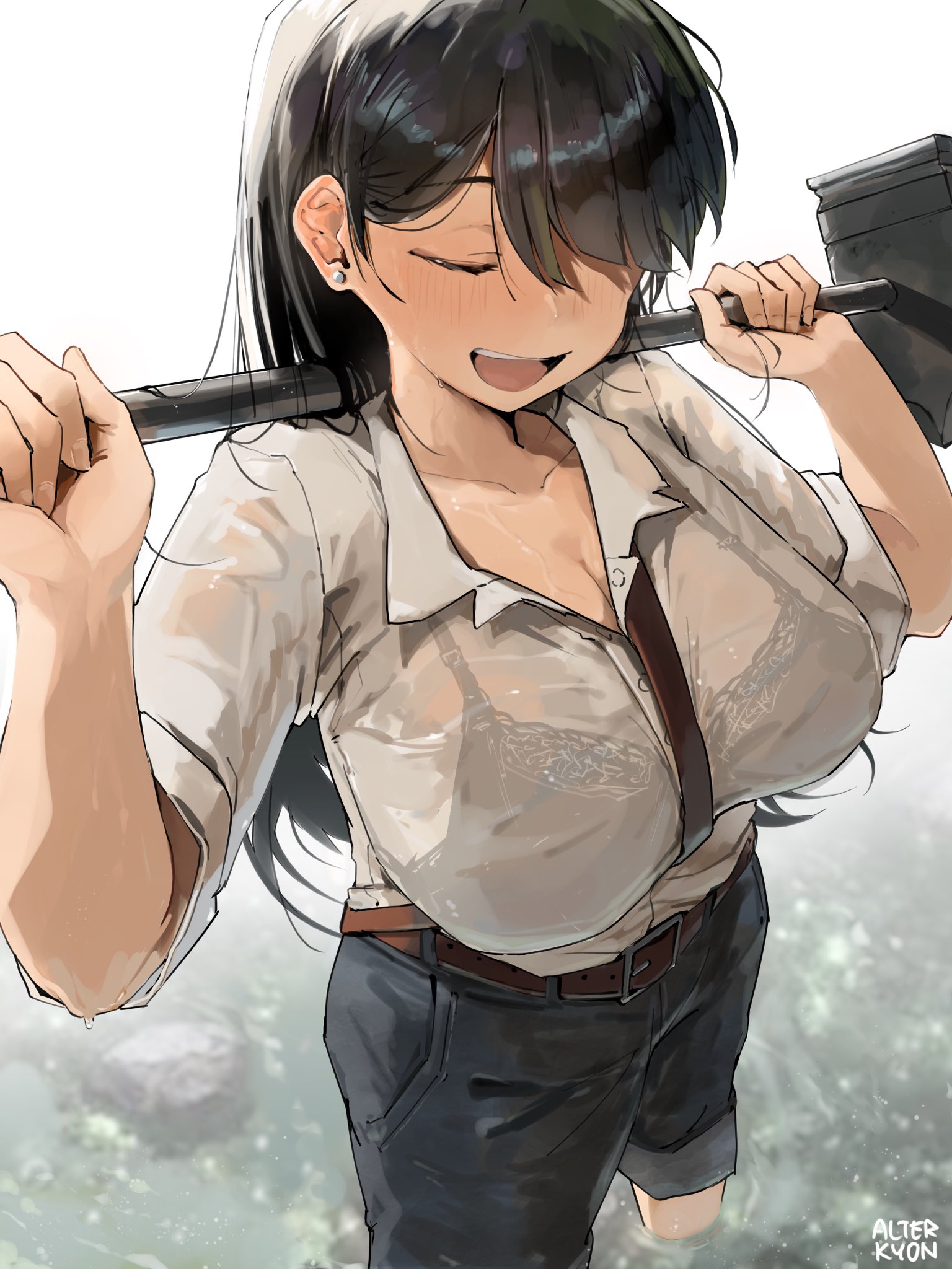 alterkyon, arato nagi, ruri no houseki, commentary, english commentary, highres, 1girl, artist name, between breasts, black hair, bra visible through clothes, breasts, cleavage, closed eyes, earrings, hair over one eye, hammer, holding, holding hammer, jewelry, large breasts, long hair, open mouth, outdoors, pants, pants rolled up, partially unbuttoned, river, shirt, solo, strap between breasts, stud earrings, wading, white shirt