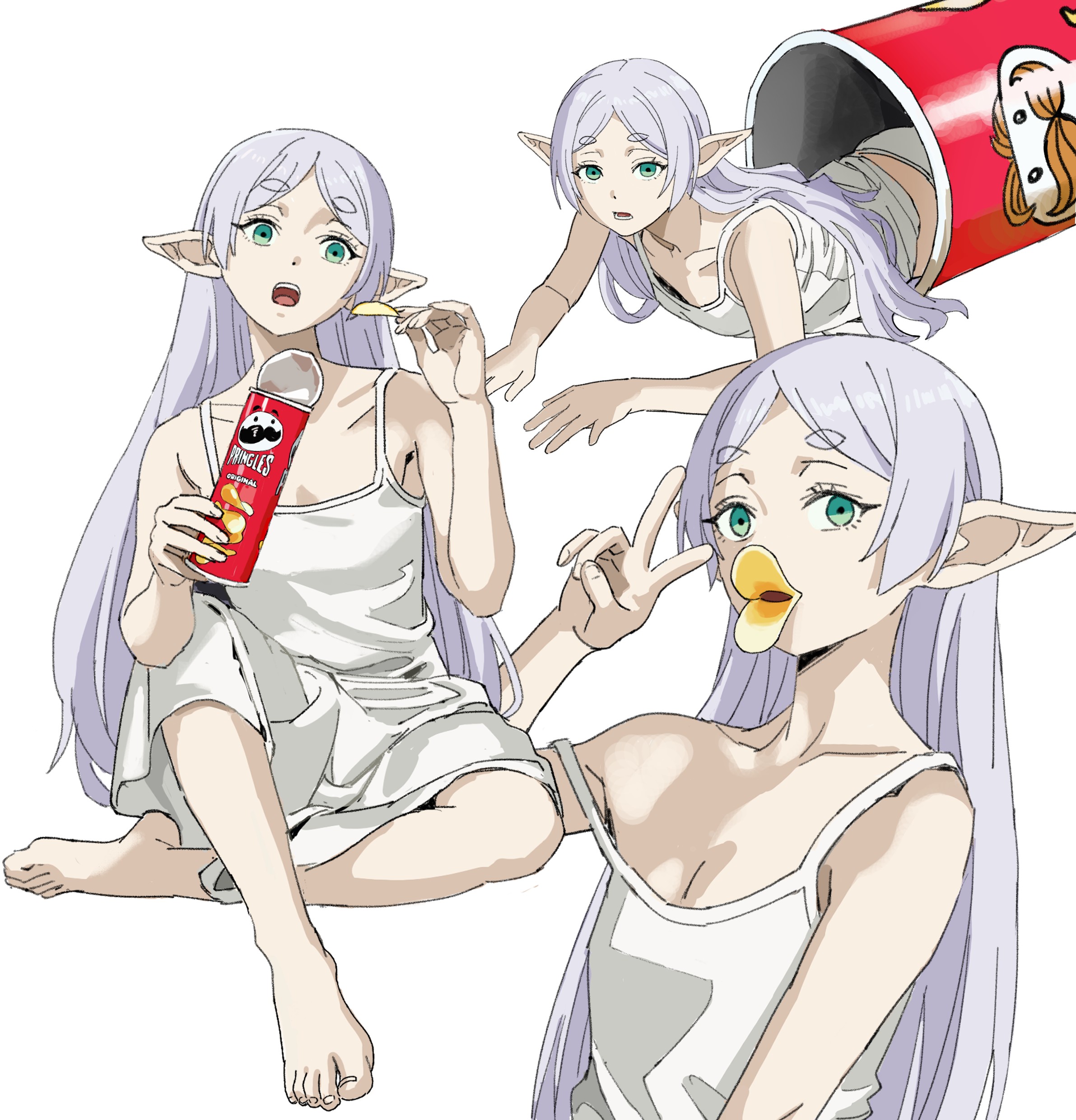 shiren (ourboy83), frieren, pringles, sousou no frieren, absurdres, commentary, english commentary, highres, 1girl, bare arms, bare shoulders, breasts, chips (food), cleavage, double-parted bangs, dress, elf, food, food in mouth, green eyes, hair down, long hair, looking at viewer, pointy ears, potato chips, pringles can, sidelocks, sleeveless, sleeveless dress, solo, v, white dress, white hair