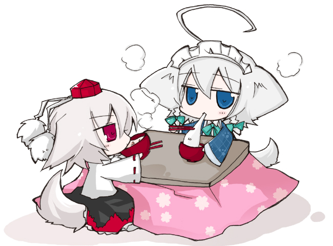 nejikirio, inu sakuya (nejikirio), inubashiri momiji, izayoi sakuya, touhou, 2girls, ahoge, animal ears, chibi, dog ears, dog tail, eating, female focus, food, hat, kotatsu, mochi, multiple girls, skirt, table, tail, wagashi, wolf ears, wolf tail