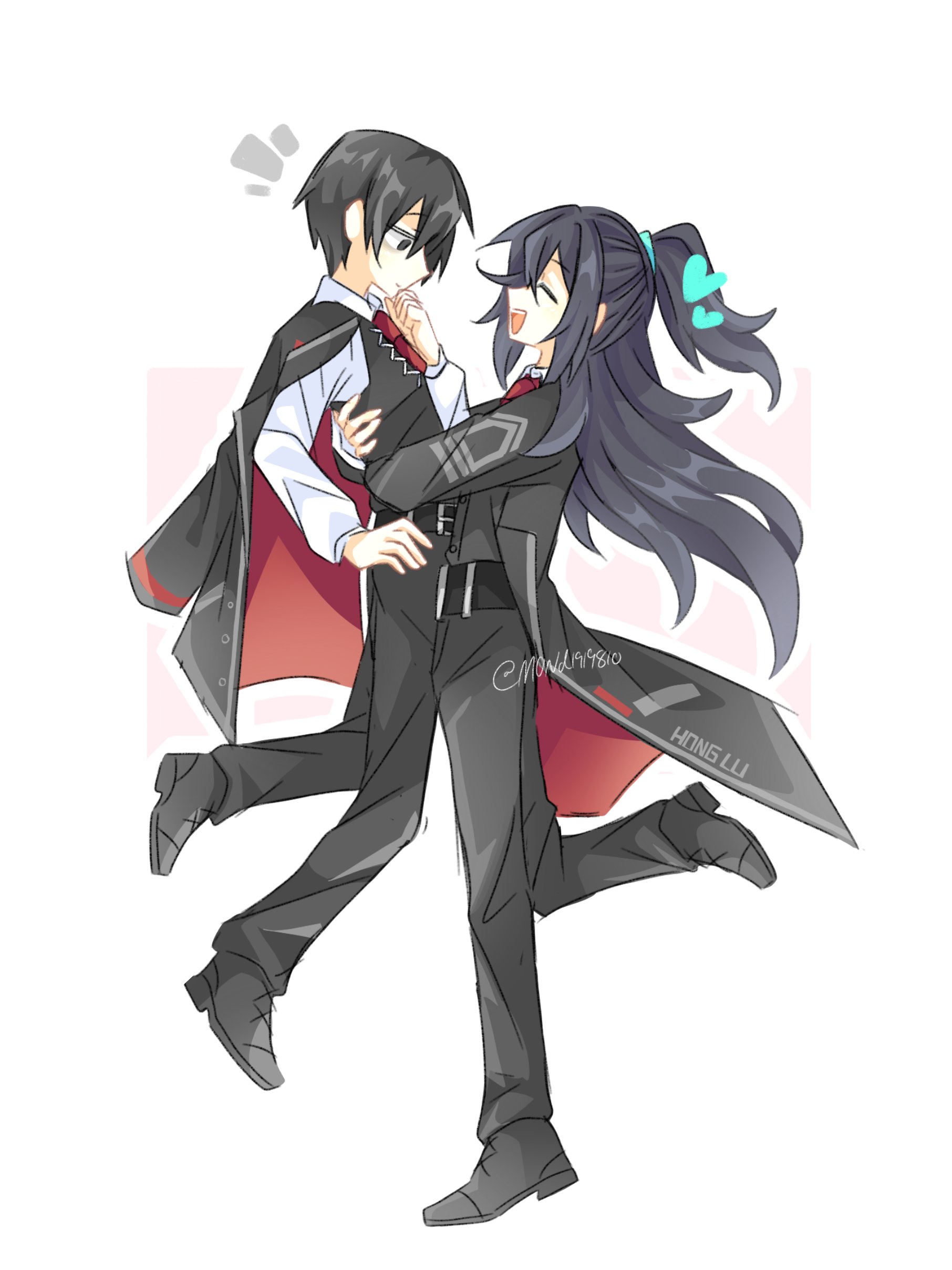 hong lu (project moon), yi sang (project moon), limbus company, project moon, absurdres, highres, 2boys, black coat, black eyes, black hair, black pants, black shoes, black vest, closed eyes, coat, coat on shoulders, collared shirt, full body, heart, high ponytail, long hair, long sleeves, looking at another, male focus, mond1919810, multiple boys, necktie, open mouth, pants, ponytail, red necktie, shirt, shoes, simple background, standing, vest, white background, white shirt