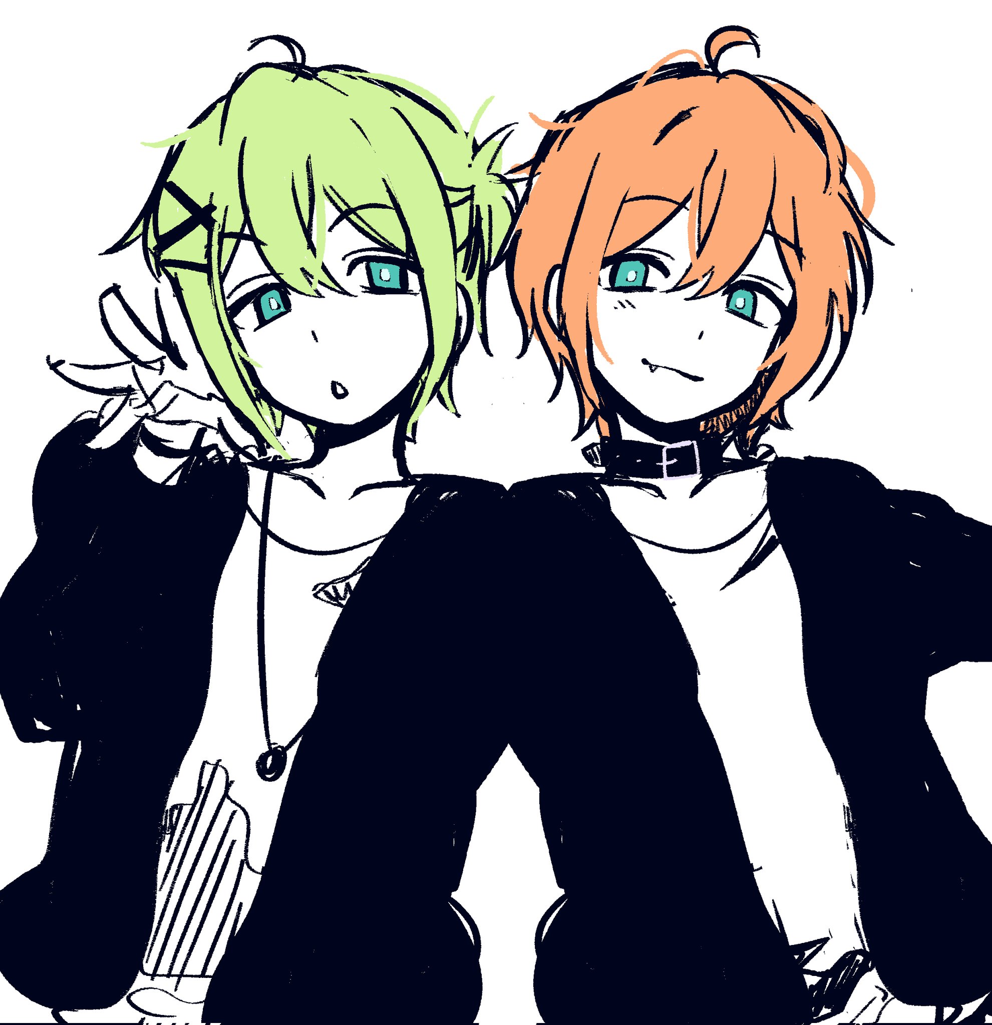 ivib, marginal #4, highres, 2boys, ahoge, belt collar, black jacket, blush, bracelet, brothers, collar, fang, green eyes, green hair, hair between eyes, hair ornament, hairpin, hand up, jacket, jewelry, loose hair strand, multiple boys, necklace, nomura l, nomura r, open clothes, open jacket, open mouth, orange hair, outstretched arms, ponytail, shirt, short ponytail, siblings, side ponytail, sidelocks, sketch, sleeveless, sleeveless shirt, smile