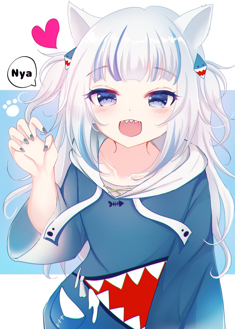 terimuku, gawr gura, gawr gura (1st costume), hololive, hololive english, commentary, highres, 1girl, :d, animal ears, blue background, blue hair, blue hoodie, blue nails, blush, border, cat ears, claw pose, drawstring, grey hair, hand up, heart, hood, hood down, hoodie, kemonomimi mode, long sleeves, looking at viewer, multicolored hair, nail polish, open mouth, purple eyes, romaji commentary, romaji text, sharp teeth, smile, solo, streaked hair, teeth, two side up, virtual youtuber, white border, wide sleeves