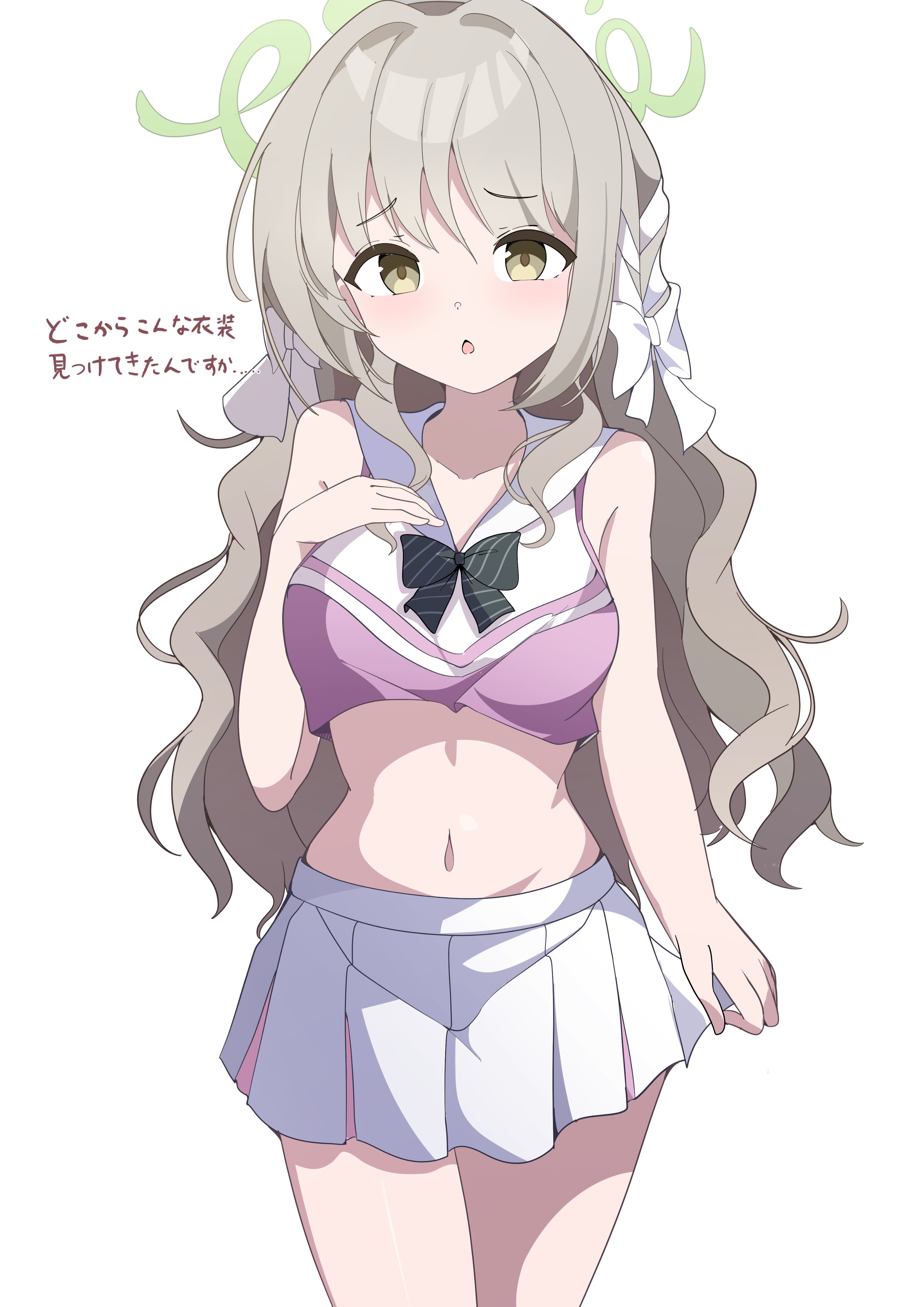 3kan noka, absurdres, highres, 1girl, bare arms, bare shoulders, bow, breasts, cowboy shot, crop top, hair ornament, halo, long hair, looking at viewer, medium breasts, midriff, miniskirt, navel, open mouth, pleated skirt, sailor collar, shirt, simple background, skirt, solo, standing, stomach, thighs, very long hair, white background, white bow