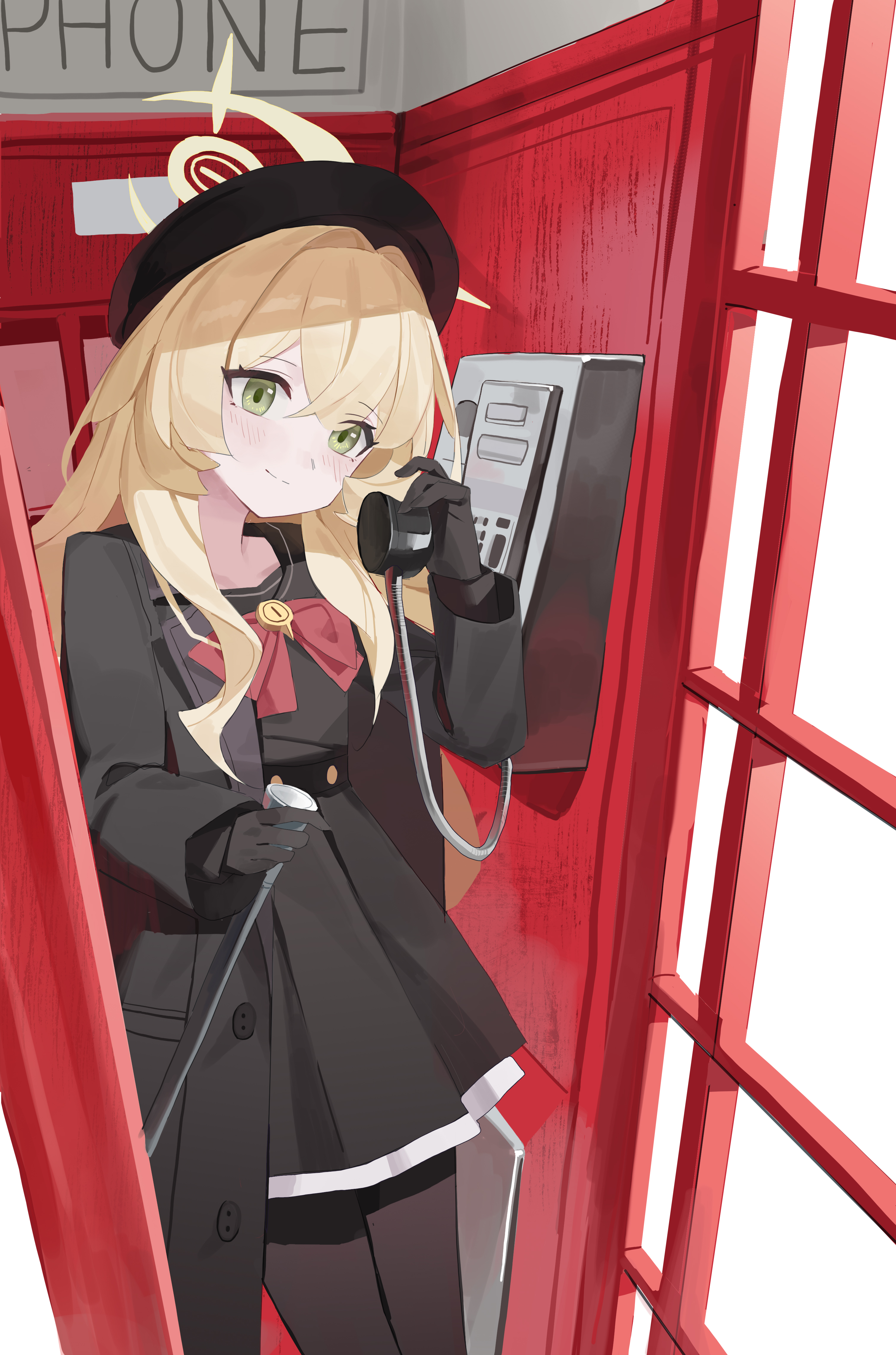 fanshuimucishen, professor niyaniya (blue archive), blue archive, absurdres, chinese commentary, commentary, highres, making-of available, 1girl, beret, black dress, black gloves, black hat, black jacket, black pantyhose, black sailor collar, blonde hair, blush, bow, bowtie, cane, closed mouth, crossed bangs, dress, gloves, green eyes, halo, hat, head tilt, holding, holding cane, holding phone, jacket, long hair, long sleeves, open clothes, open jacket, pantyhose, payphone, phone, phone booth, red bow, red bowtie, sailor collar, smile, solo, split mouth, standing, yellow halo