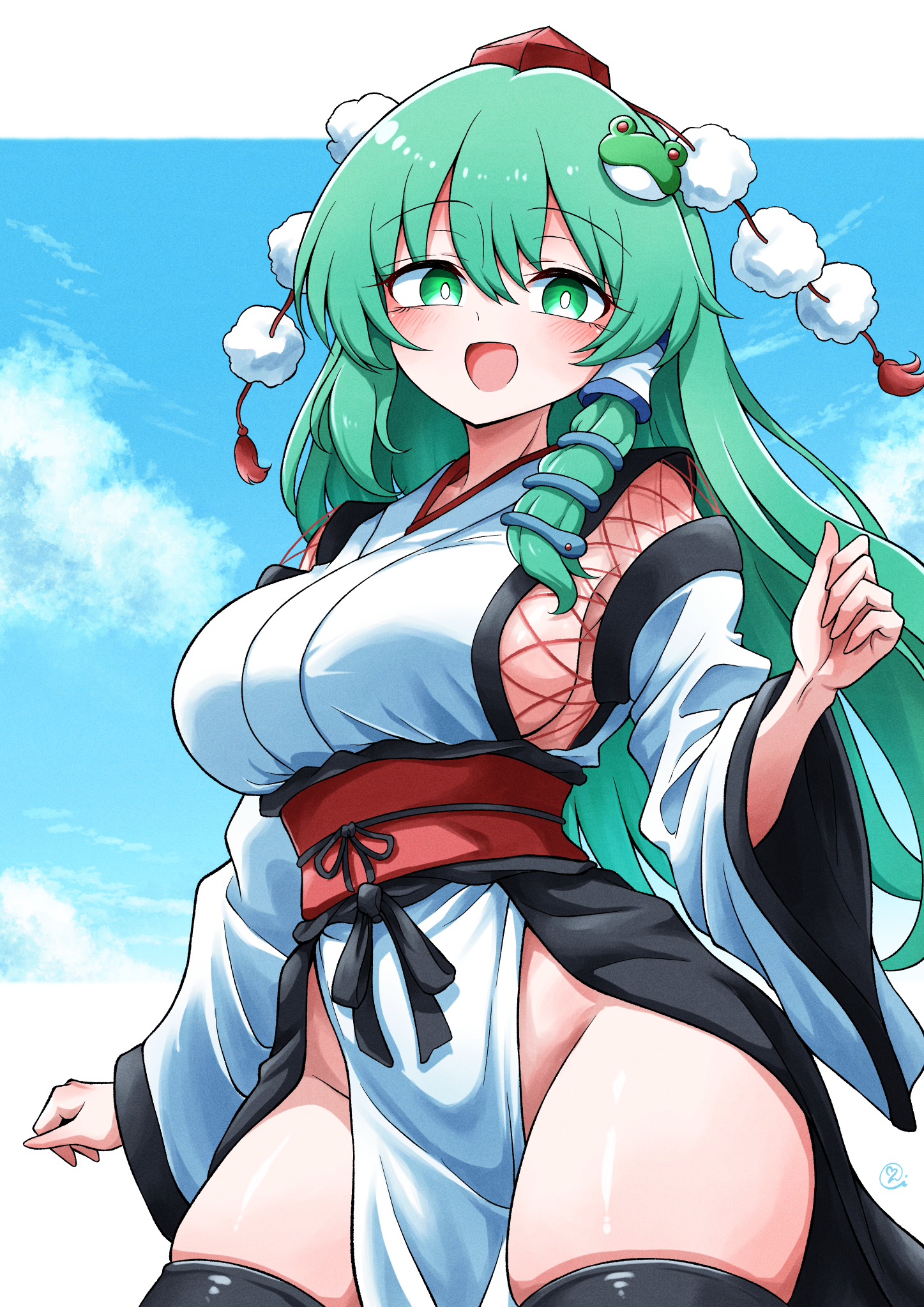 scavia10, kochiya sanae, touhou, highres, 1girl, armpits, detached sleeves, frog hair ornament, green eyes, green hair, groin, hair ornament, hair tubes, hat, japanese clothes, kimono, kourindou tengu costume, no bra, no panties, pelvic curtain, pom pom (clothes), sideburns, single hair tube, snake hair ornament, solo, tokin hat, white kimono, wide sleeves