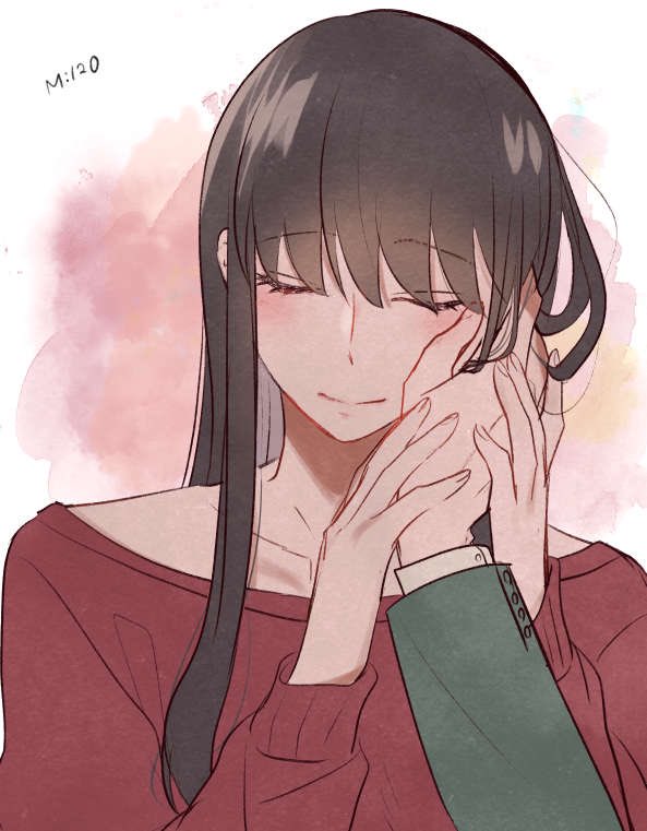 nako (5a64 sf), twilight (spy x family), yor briar, spy x family, 1boy, 1girl, black hair, close-up, closed eyes, hair down, hand on another's cheek, hand on another's face, holding hands, long sidelocks, long sleeves, off-shoulder sweater, off shoulder, red sweater, sidelocks, solo focus, sweater