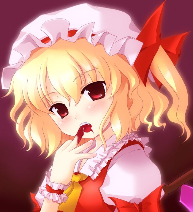 flandre scarlet, touhou, tagme, blonde hair, blood, hat, red eyes