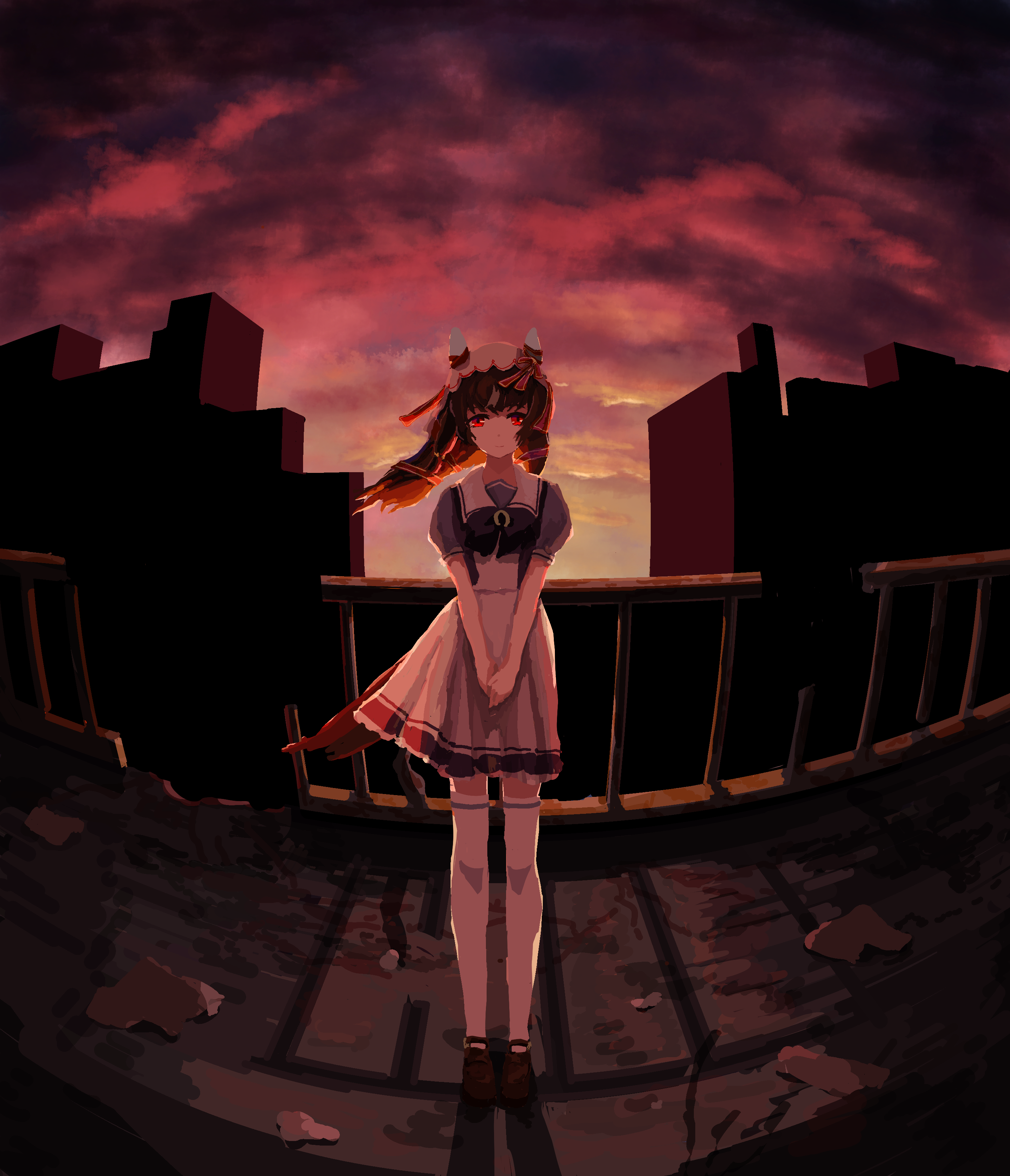 kurage (kurageneric), still in love (umamusume), umamusume, absurdres, highres, 1girl, animal ears, bow, brown hair, brown shoes, horse ears, horse girl, horse tail, long hair, looking at viewer, own hands together, purple bow, purple shirt, red eyes, sailor collar, school uniform, shirt, shoes, short sleeves, solo, sunset, tail, thighhighs, tracen school uniform, veil, white hair, white sailor collar, white shirt, white thighhighs, white veil